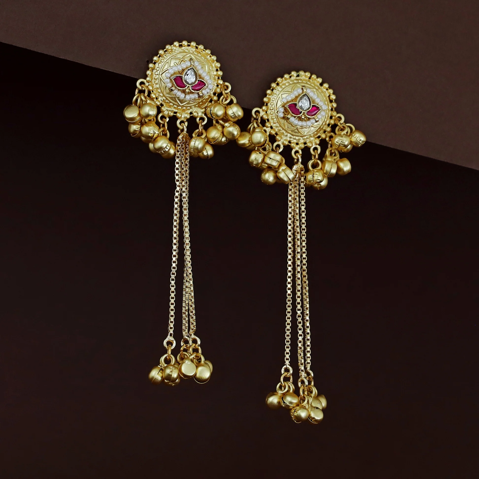 Shakshi Golden Hanging Ghungroo Kashmiri Jadau Kundan Earring - Image 4