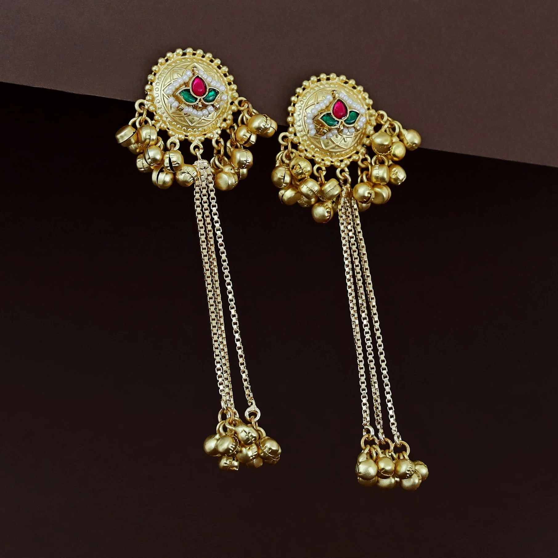 Shakshi Golden Hanging Ghungroo Kashmiri Jadau Kundan Earring - Image 5