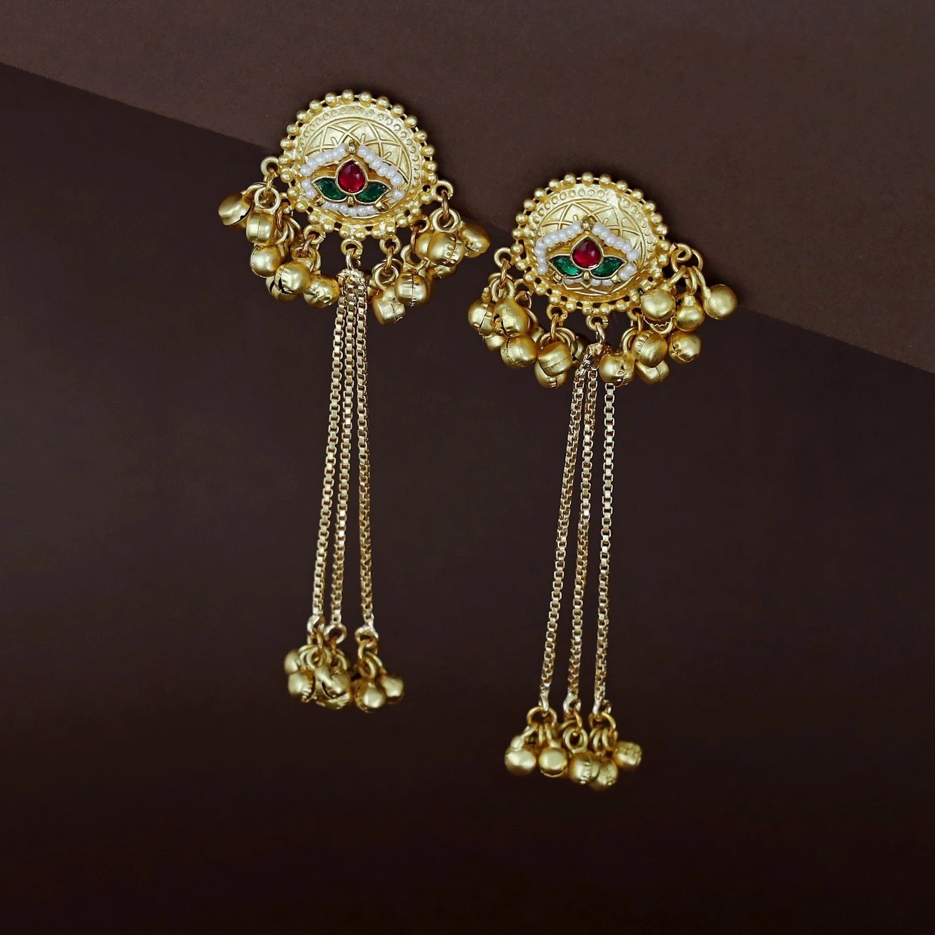 Shakshi Golden Hanging Ghungroo Kashmiri Jadau Kundan Earring - Image 6