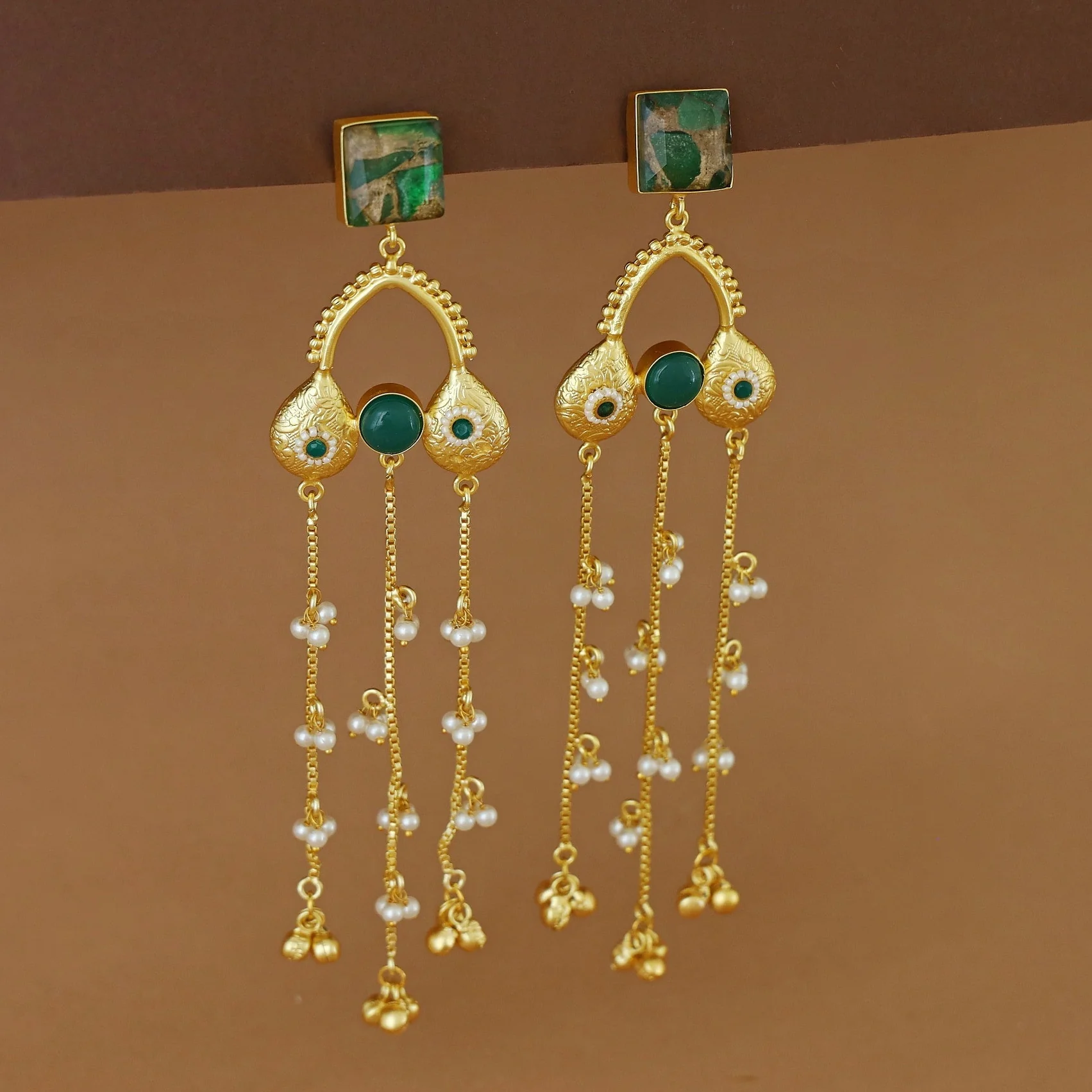 Tithi Golden Hanging Pearl Ghungroo Kashmiri Earring - Image 2