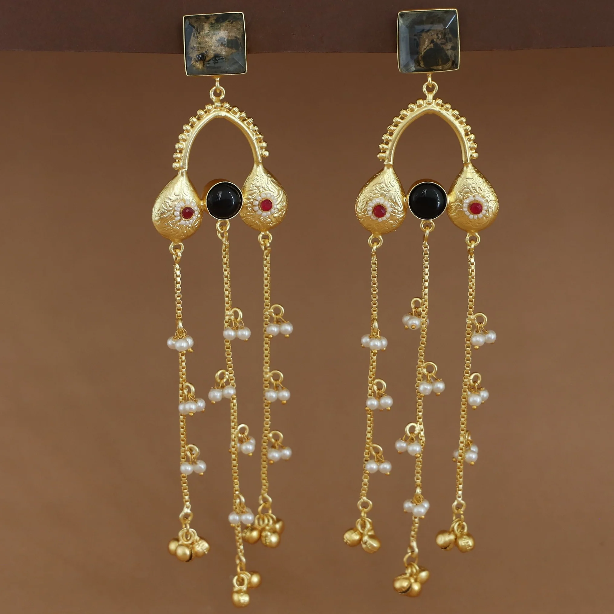 Tithi Golden Hanging Pearl Ghungroo Kashmiri Earring - Image 3