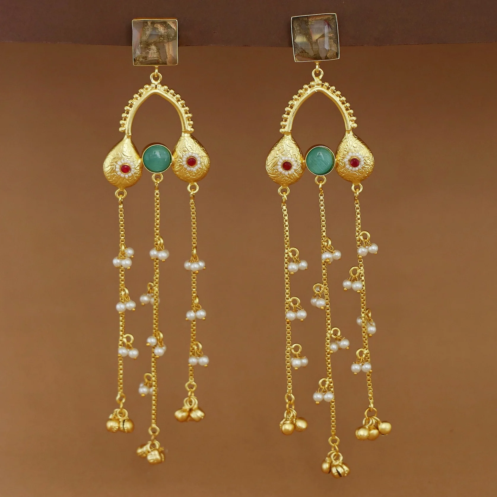 Tithi Golden Hanging Pearl Ghungroo Kashmiri Earring - Image 5