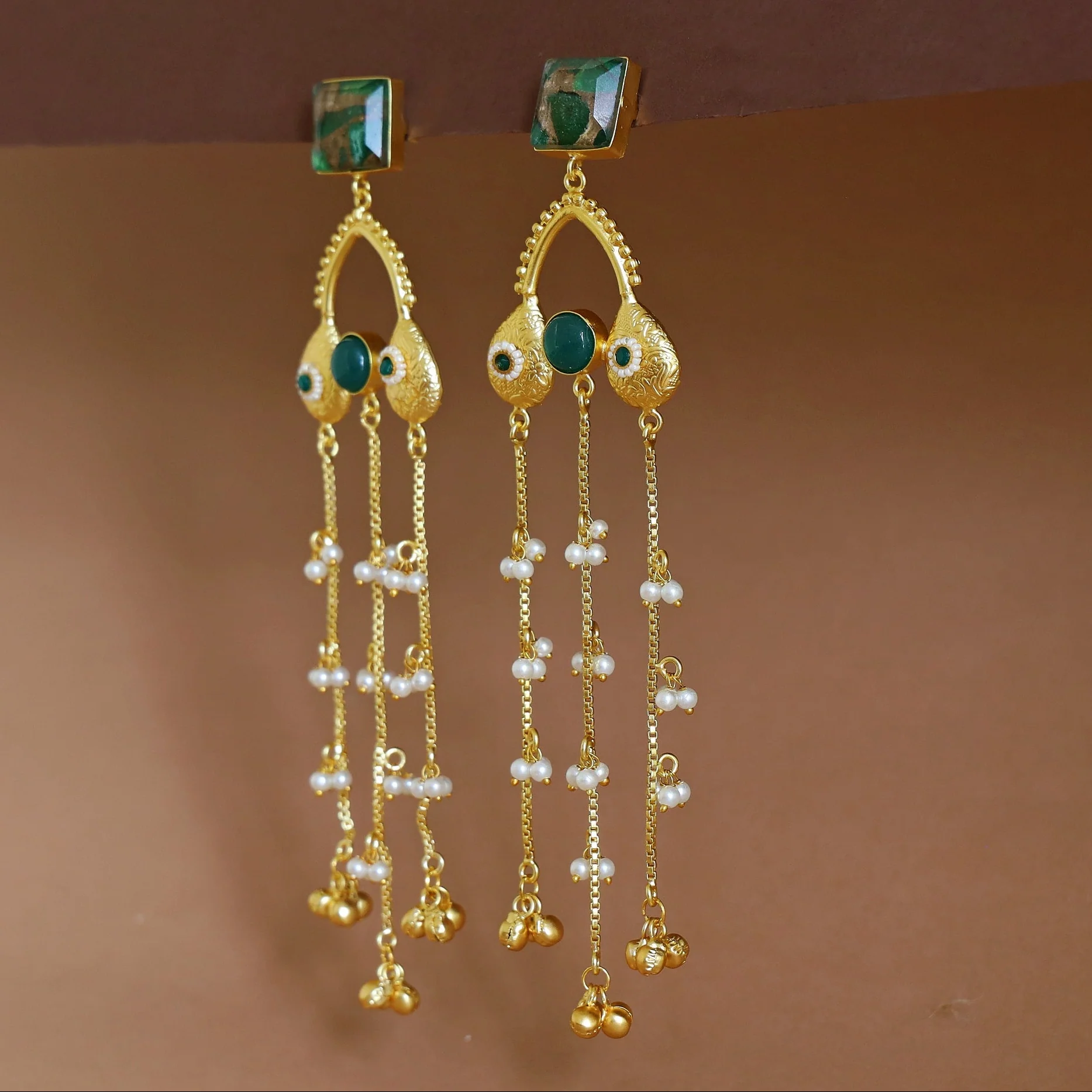 Tithi Golden Hanging Pearl Ghungroo Kashmiri Earring - Image 7