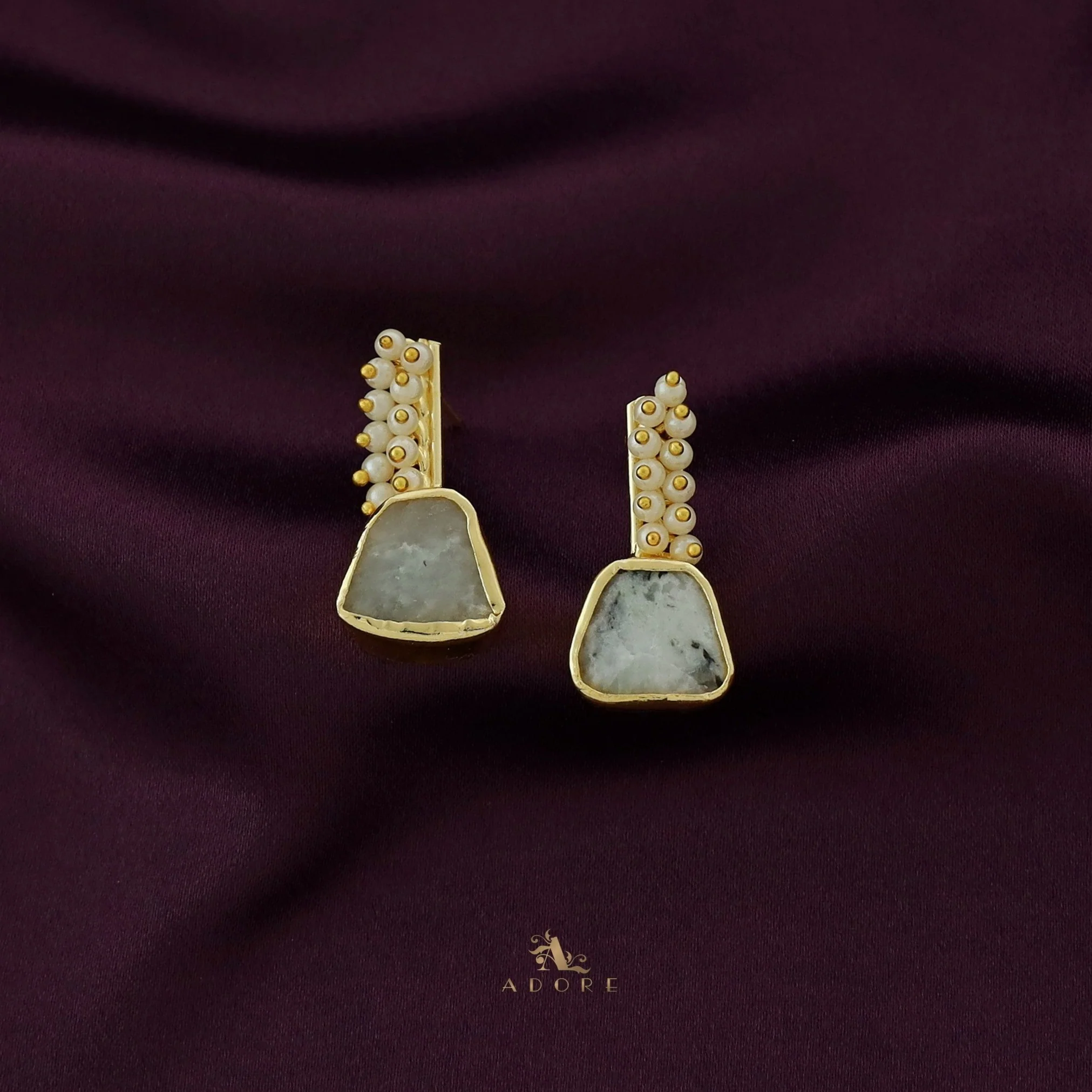 Golden Line Pearl Cluster Raw Stone Earring - Image 10