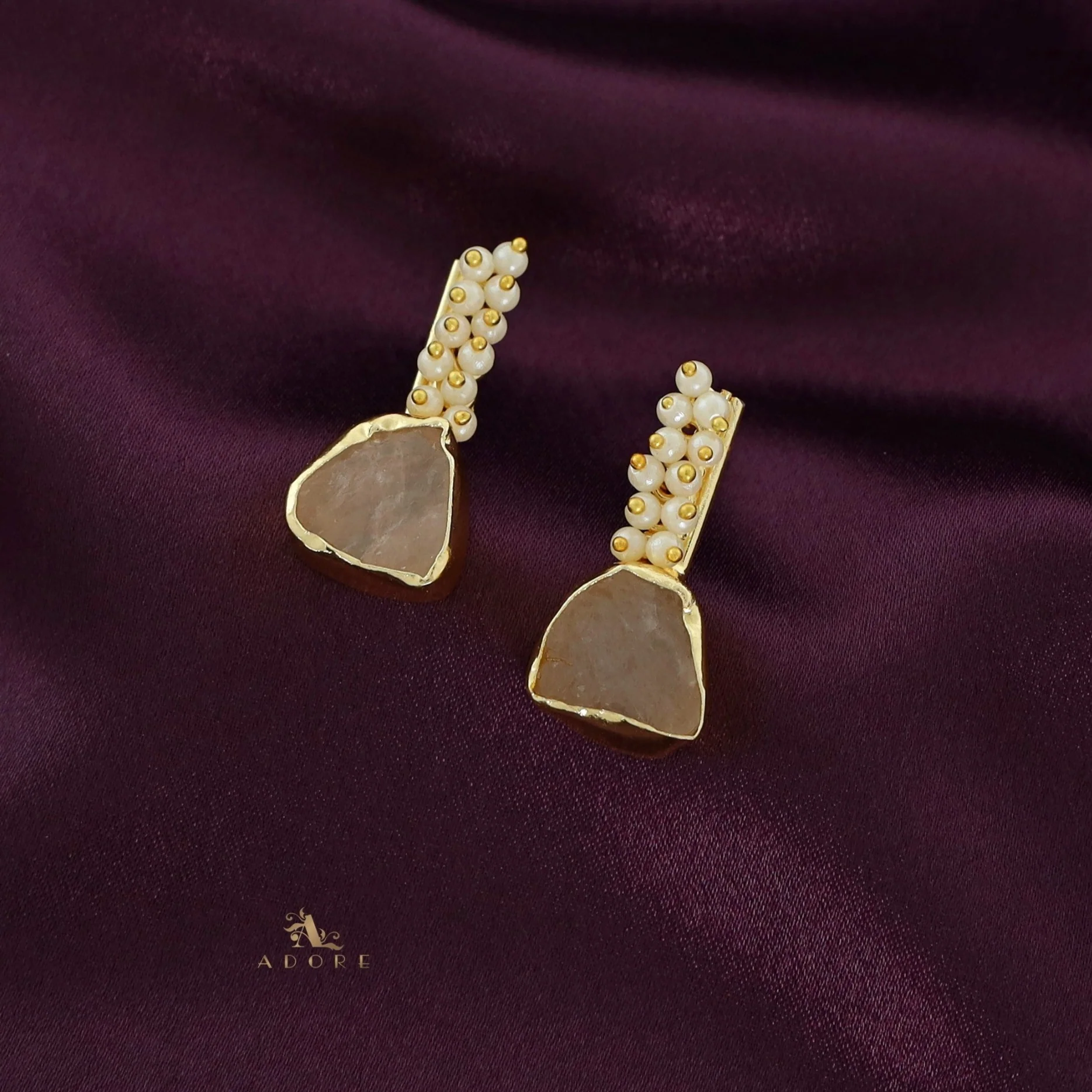 Golden Line Pearl Cluster Raw Stone Earring - Image 11
