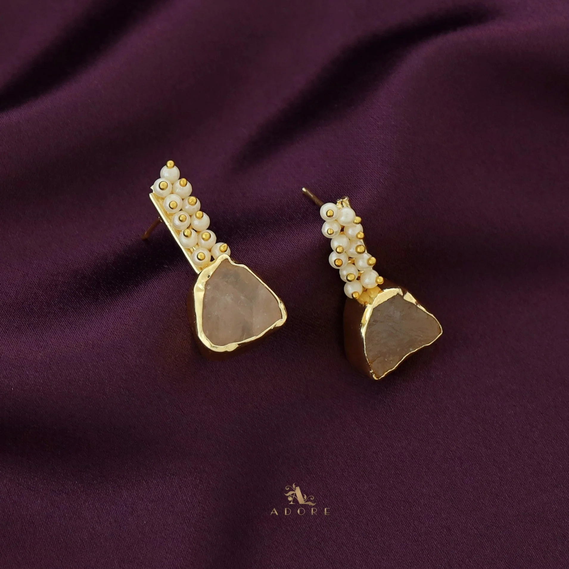 Golden Line Pearl Cluster Raw Stone Earring - Image 12