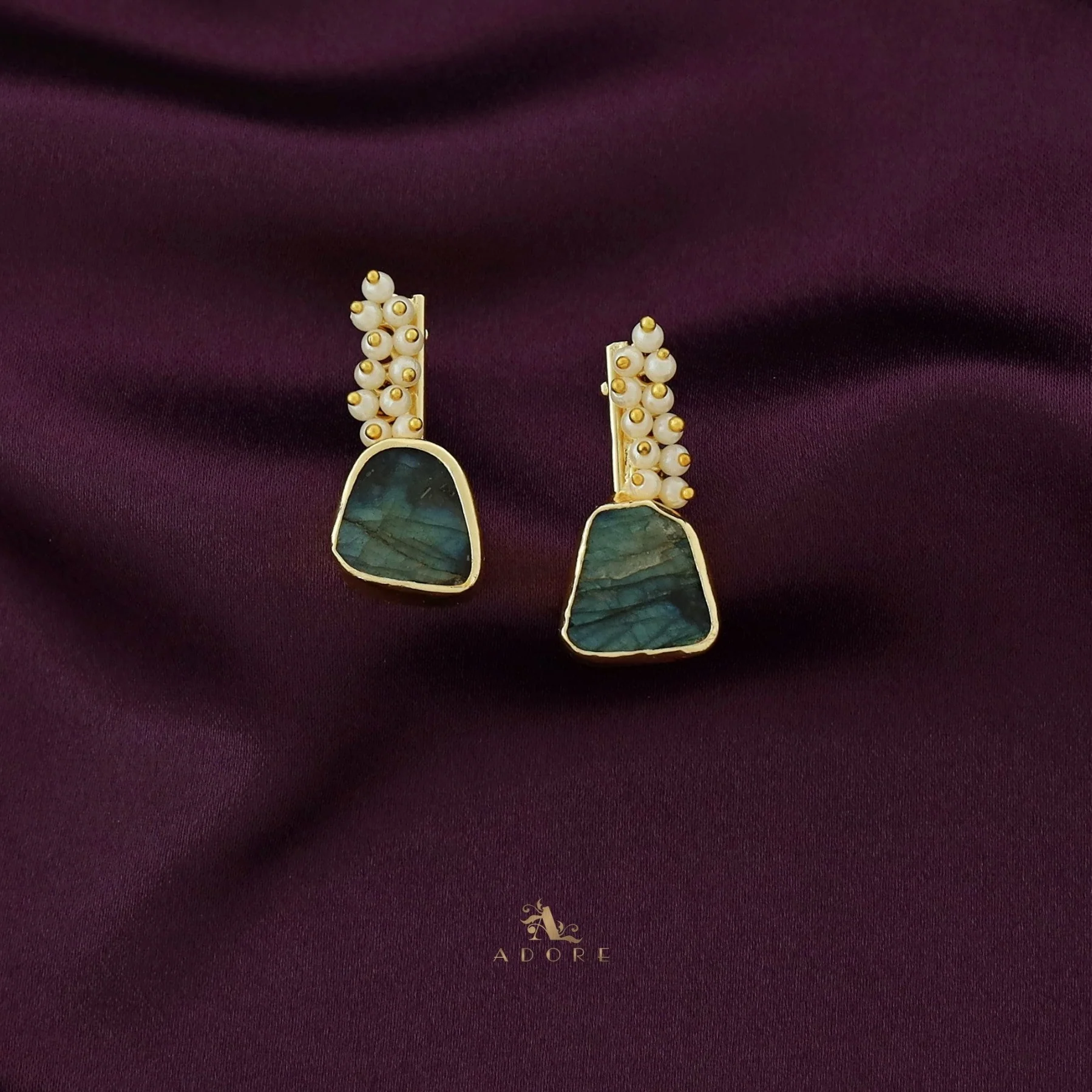 Golden Line Pearl Cluster Raw Stone Earring - Image 6
