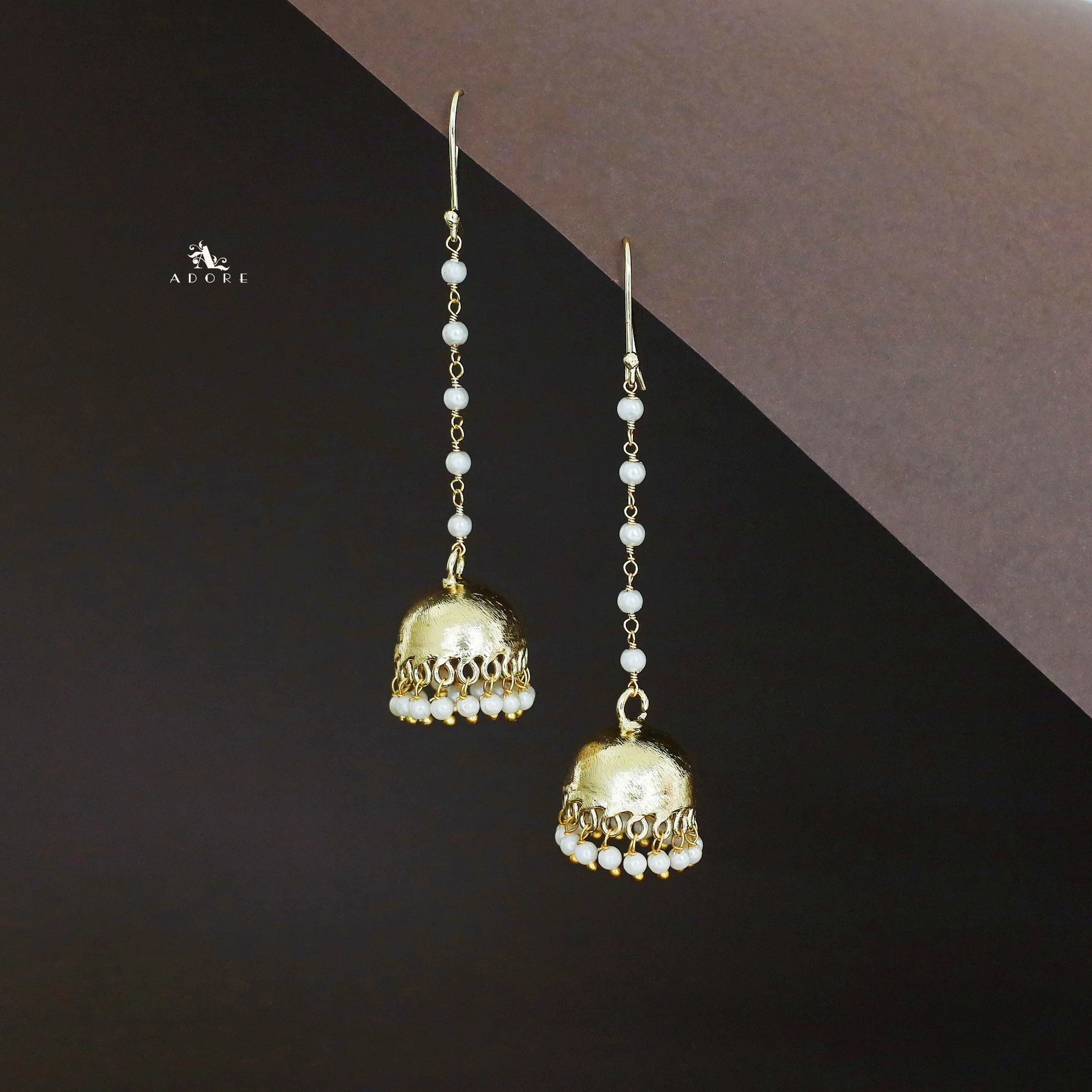 Golden Long Pearl Hanging Drop Jhumka - Image 3