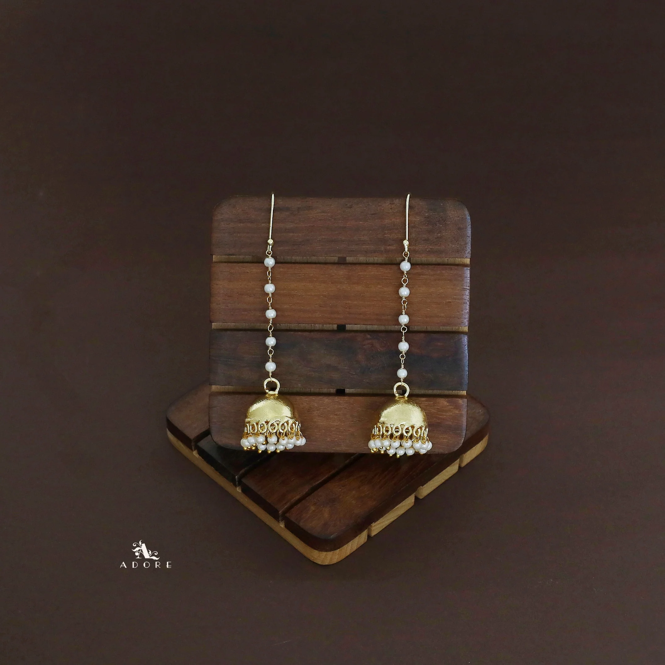 Golden Long Pearl Hanging Drop Jhumka - Image 4