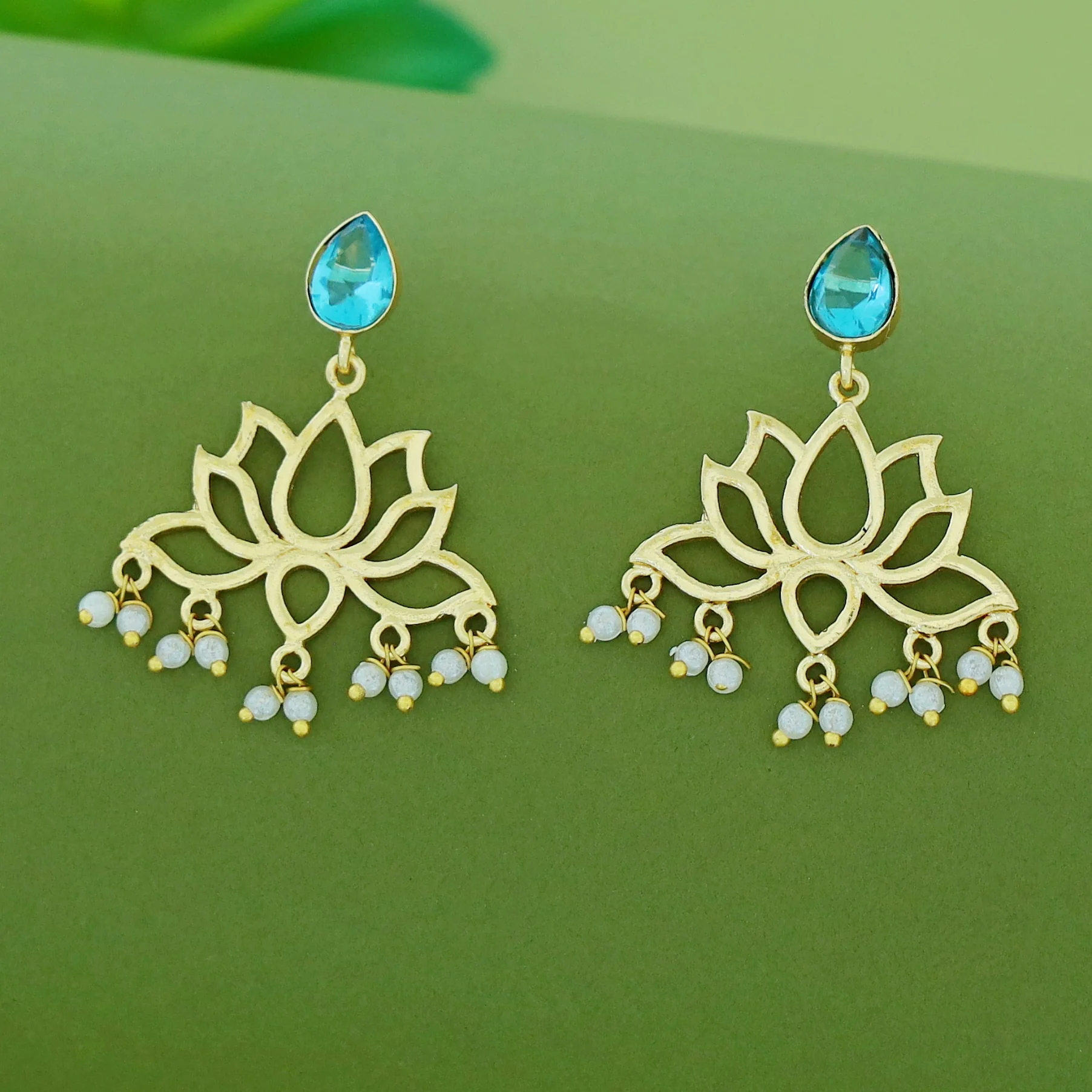 Golden Lotus Pearl Glossy Stone Drop Earring - Image 2