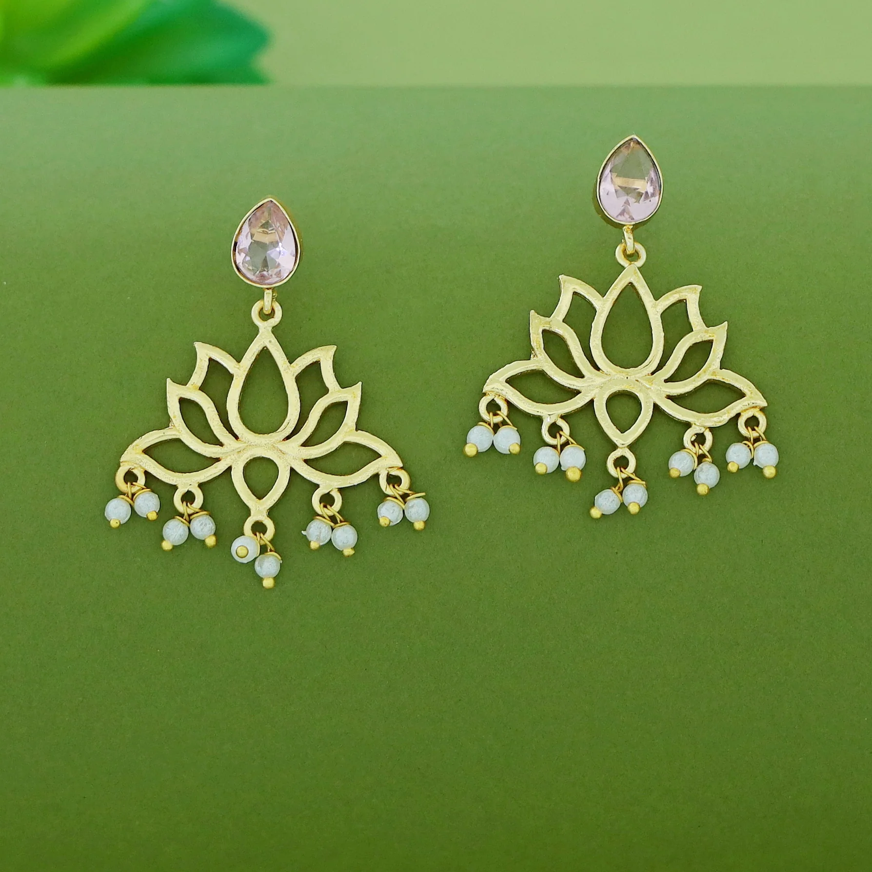 Golden Lotus Pearl Glossy Stone Drop Earring - Image 3