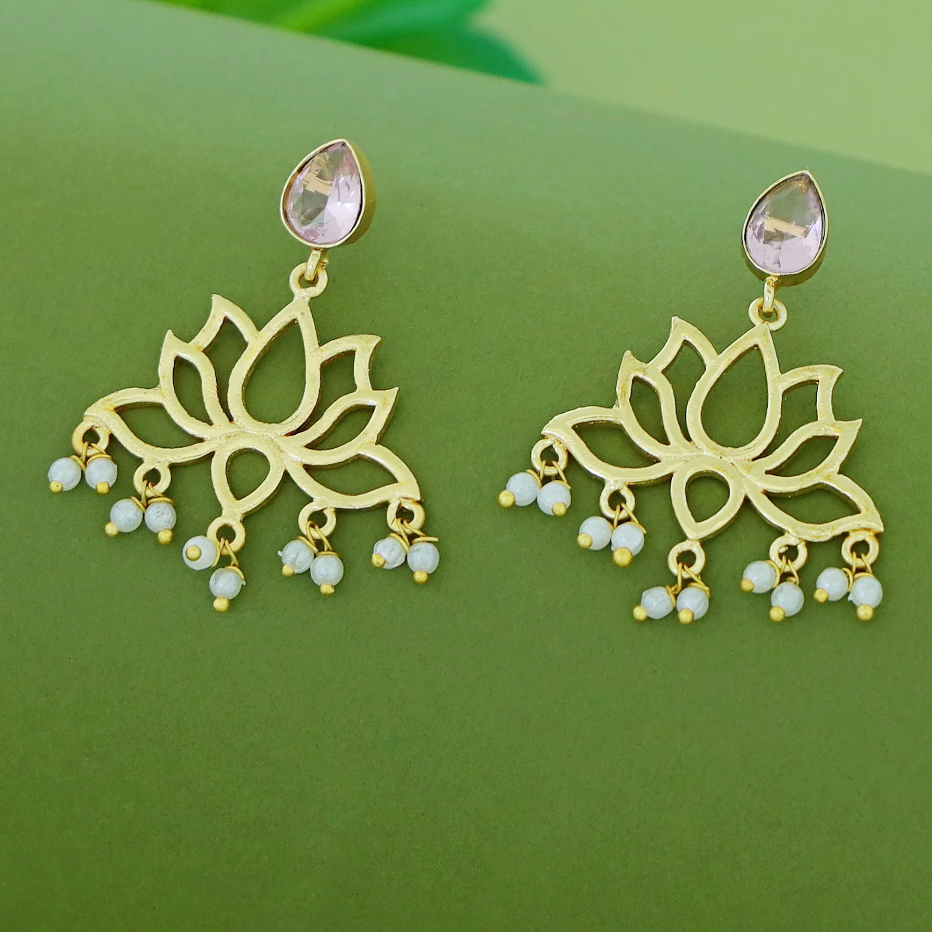 Golden Lotus Pearl Glossy Stone Drop Earring - Image 4