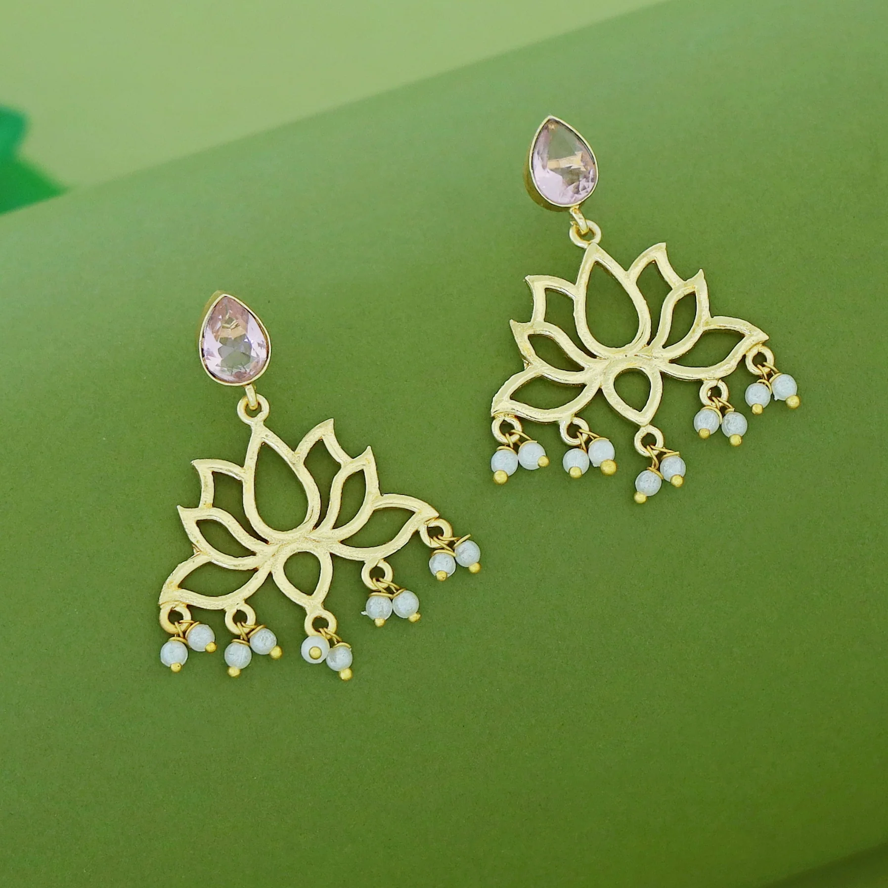 Golden Lotus Pearl Glossy Stone Drop Earring - Image 5