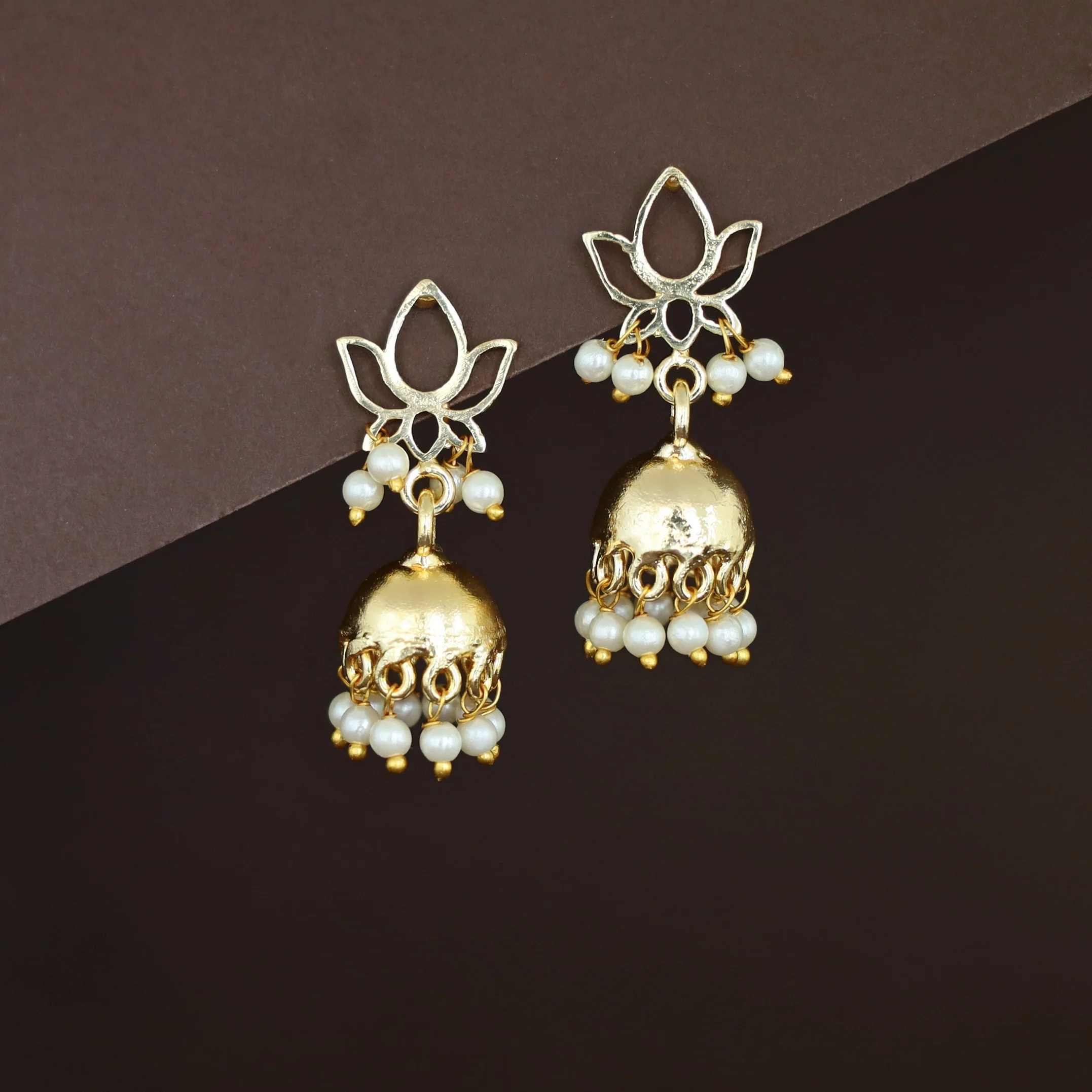 Golden Lotus Pearl Jhumka - Image 2