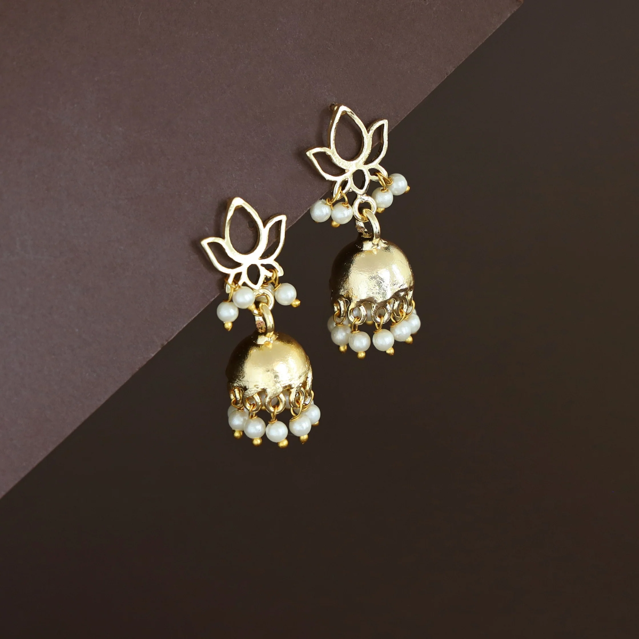Golden Lotus Pearl Jhumka - Image 3
