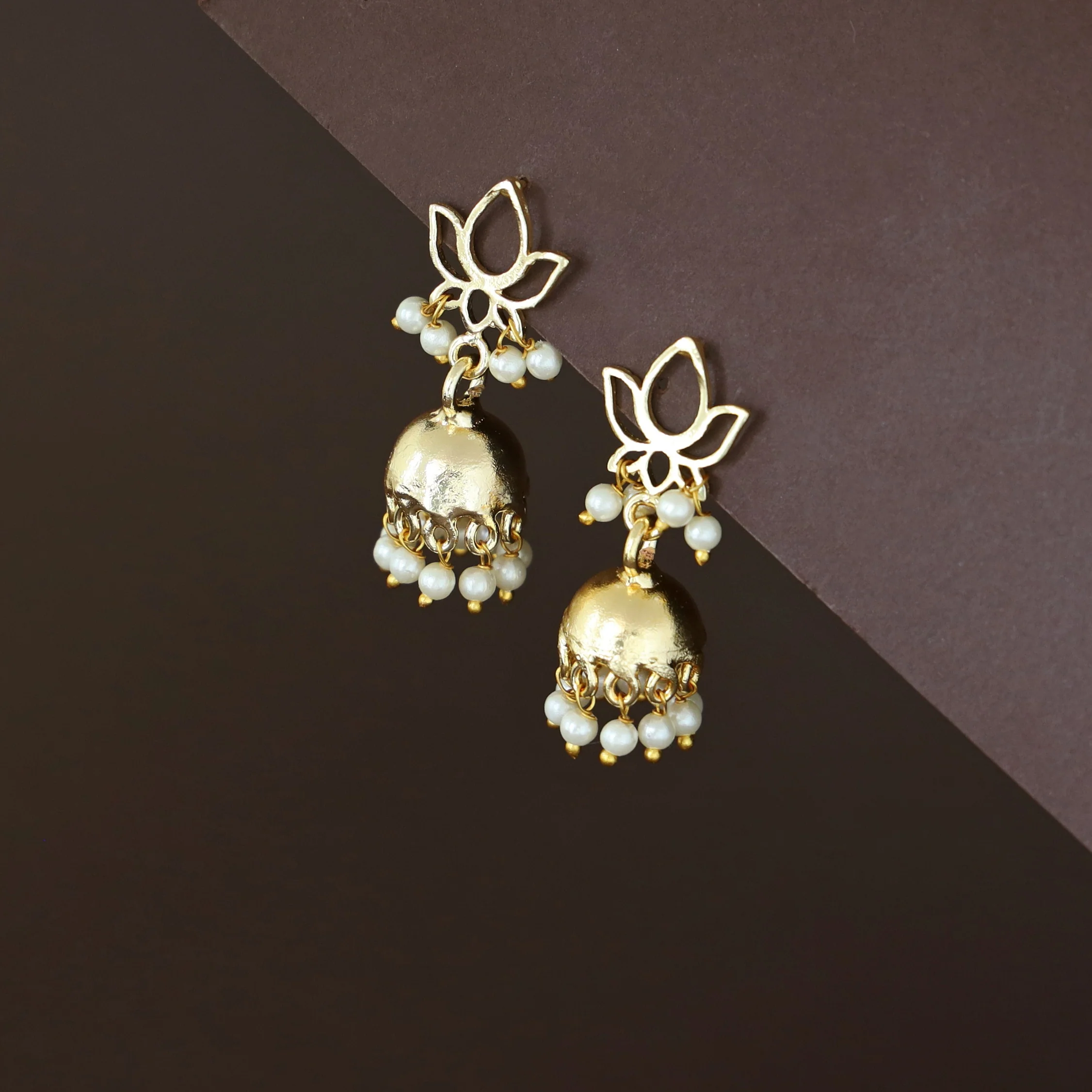 Golden Lotus Pearl Jhumka - Image 4