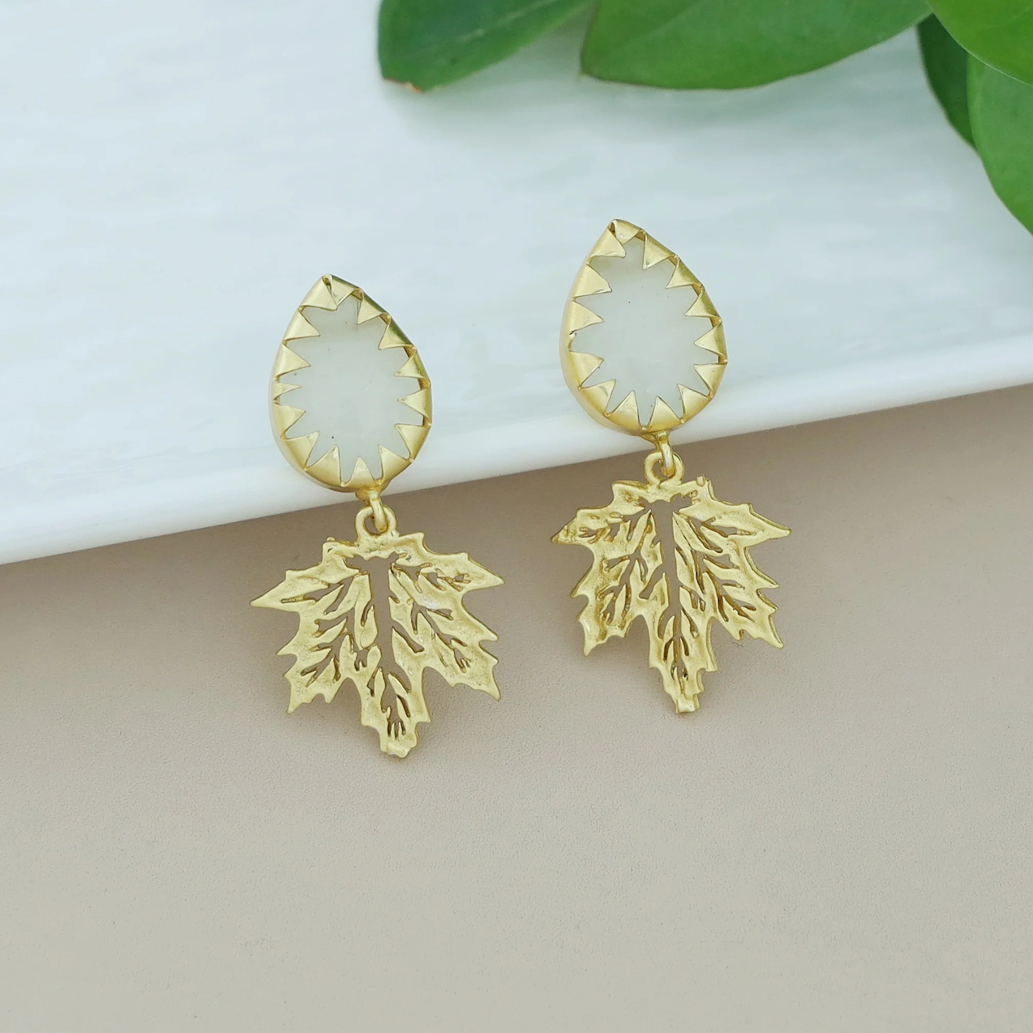 Golden Maple Leaf Dew Drop Glossy Stone Earring - Image 2