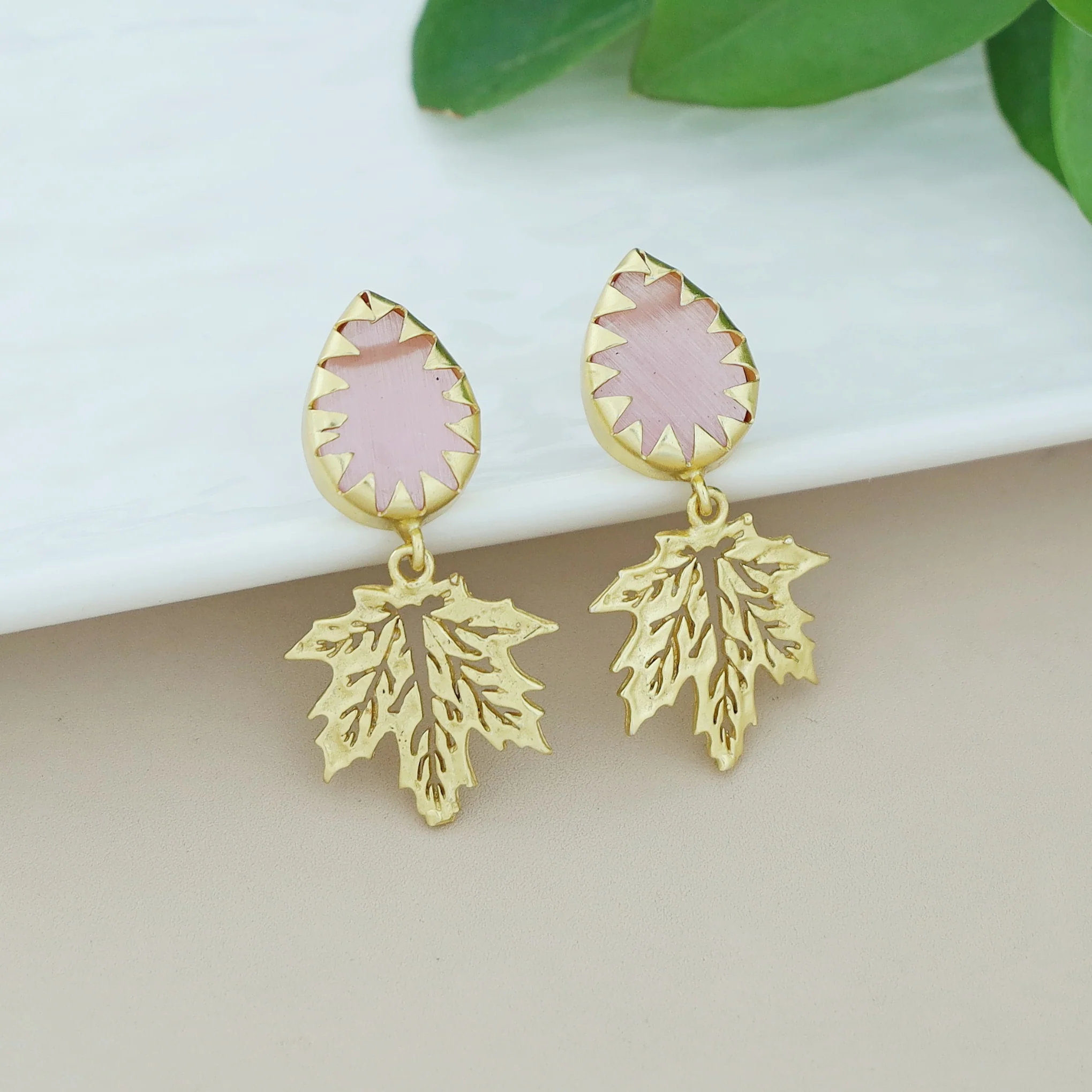 Golden Maple Leaf Dew Drop Glossy Stone Earring - Image 3