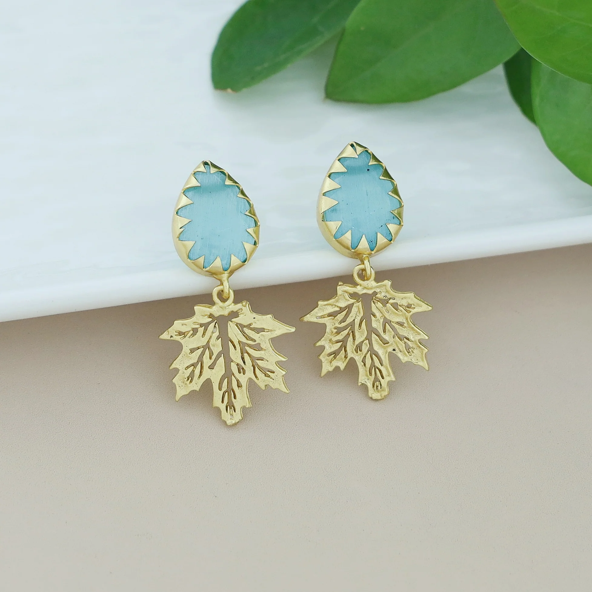 Golden Maple Leaf Dew Drop Glossy Stone Earring - Image 4