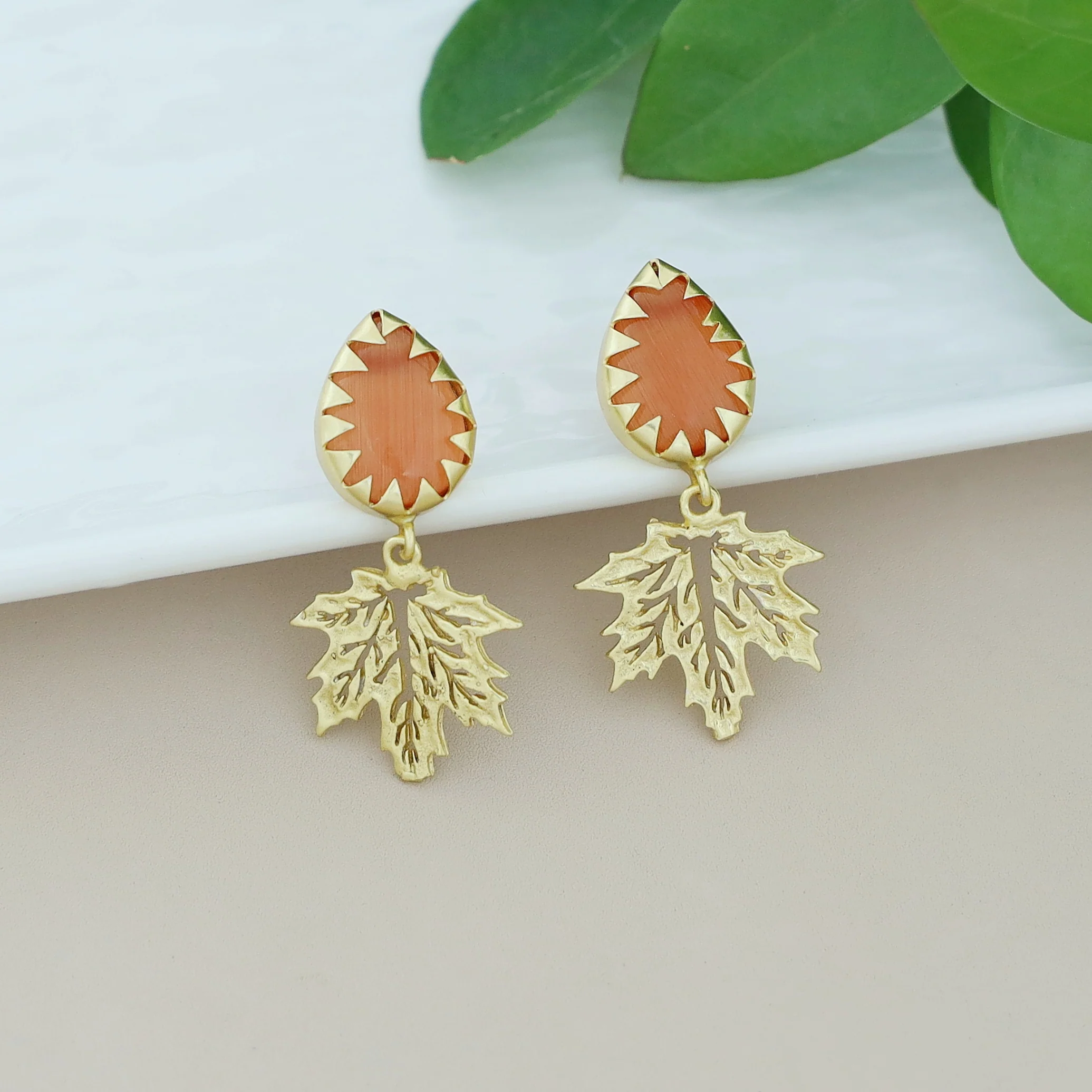 Golden Maple Leaf Dew Drop Glossy Stone Earring - Image 5