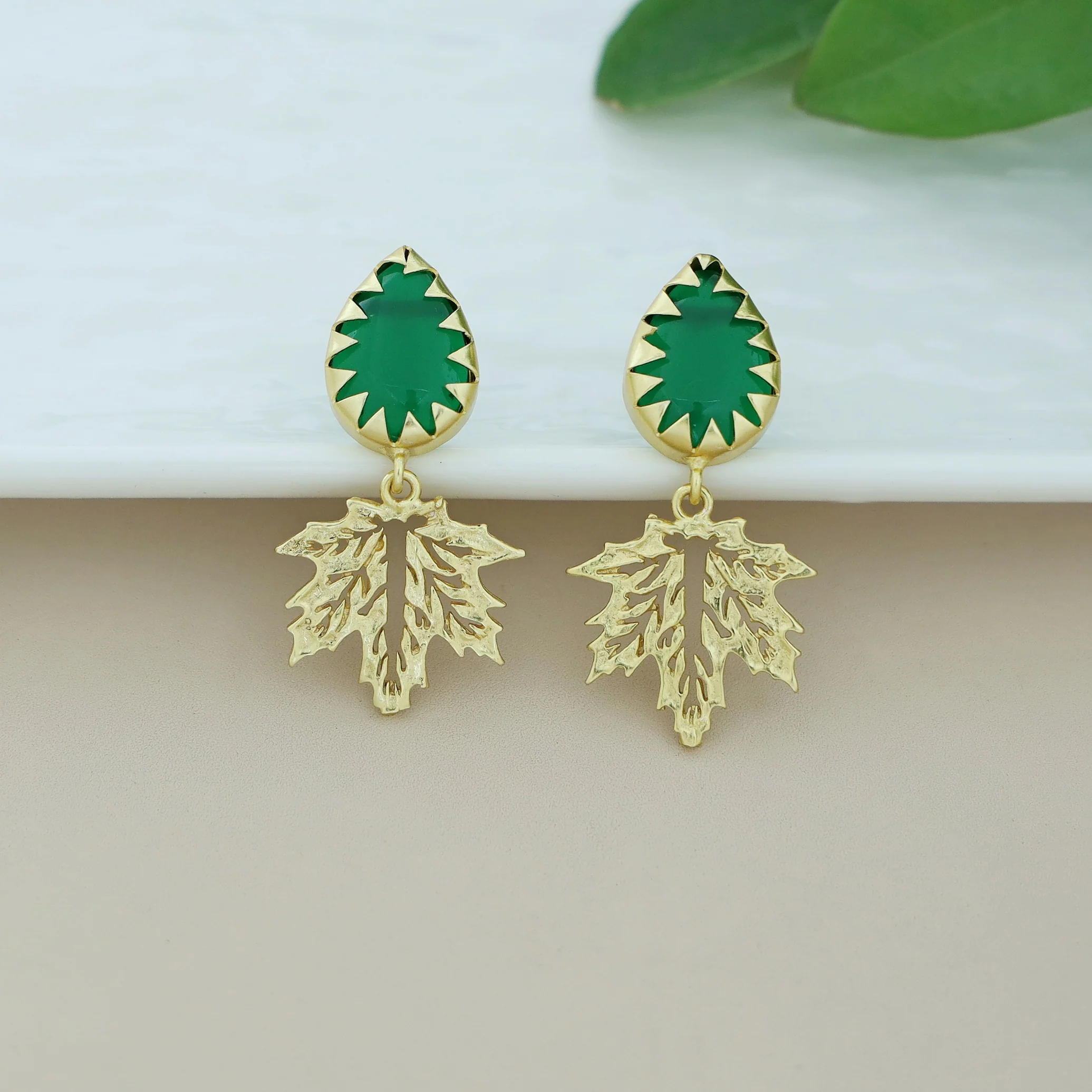 Golden Maple Leaf Dew Drop Glossy Stone Earring - Image 6