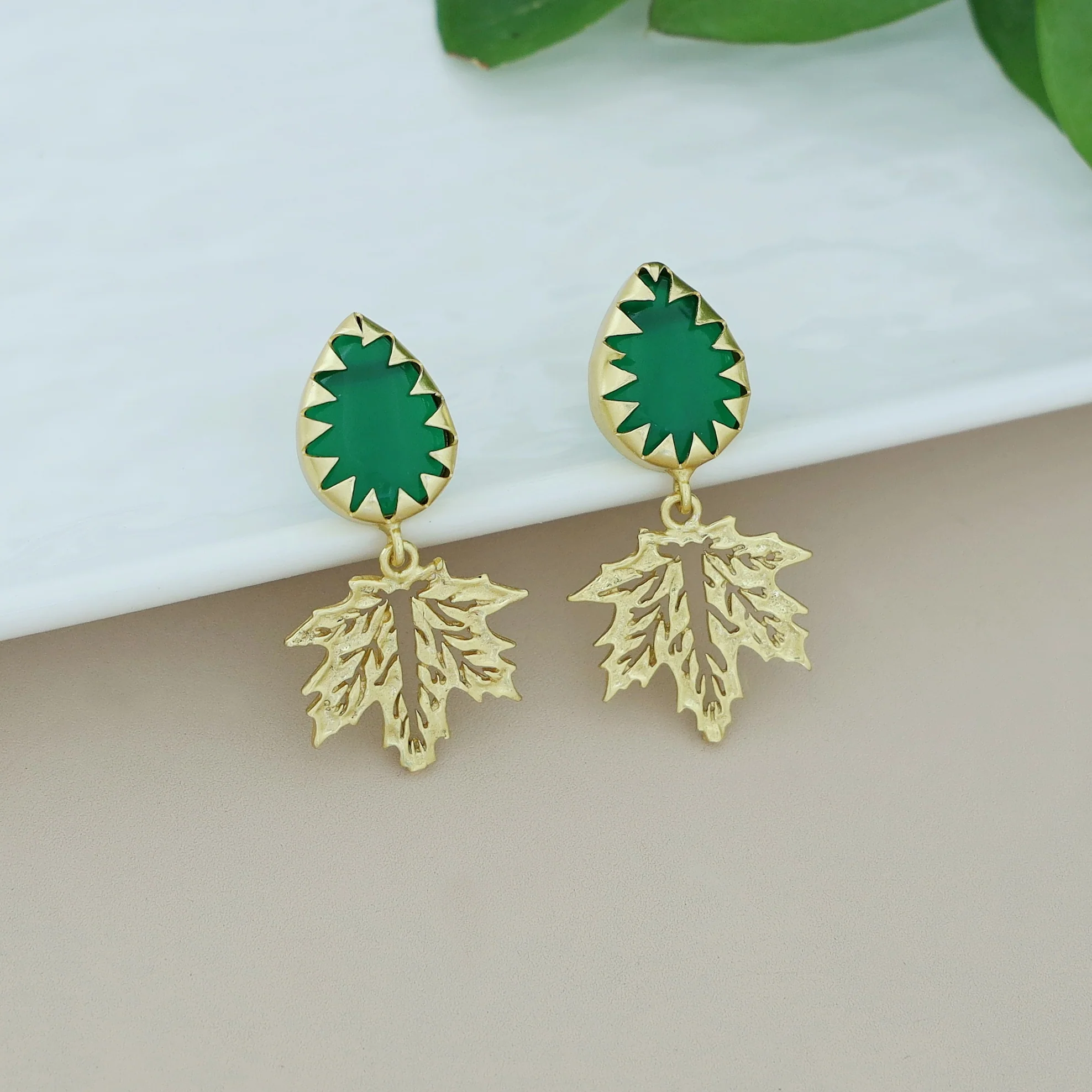 Golden Maple Leaf Dew Drop Glossy Stone Earring - Image 7