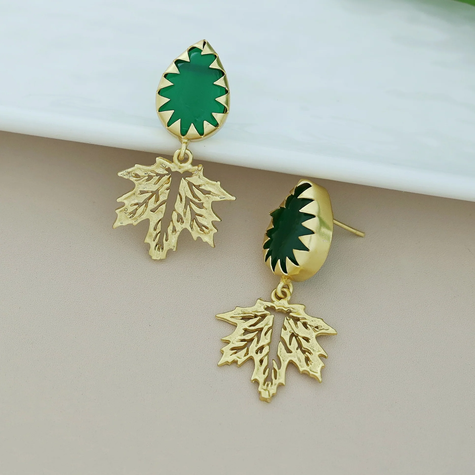 Golden Maple Leaf Dew Drop Glossy Stone Earring - Image 8