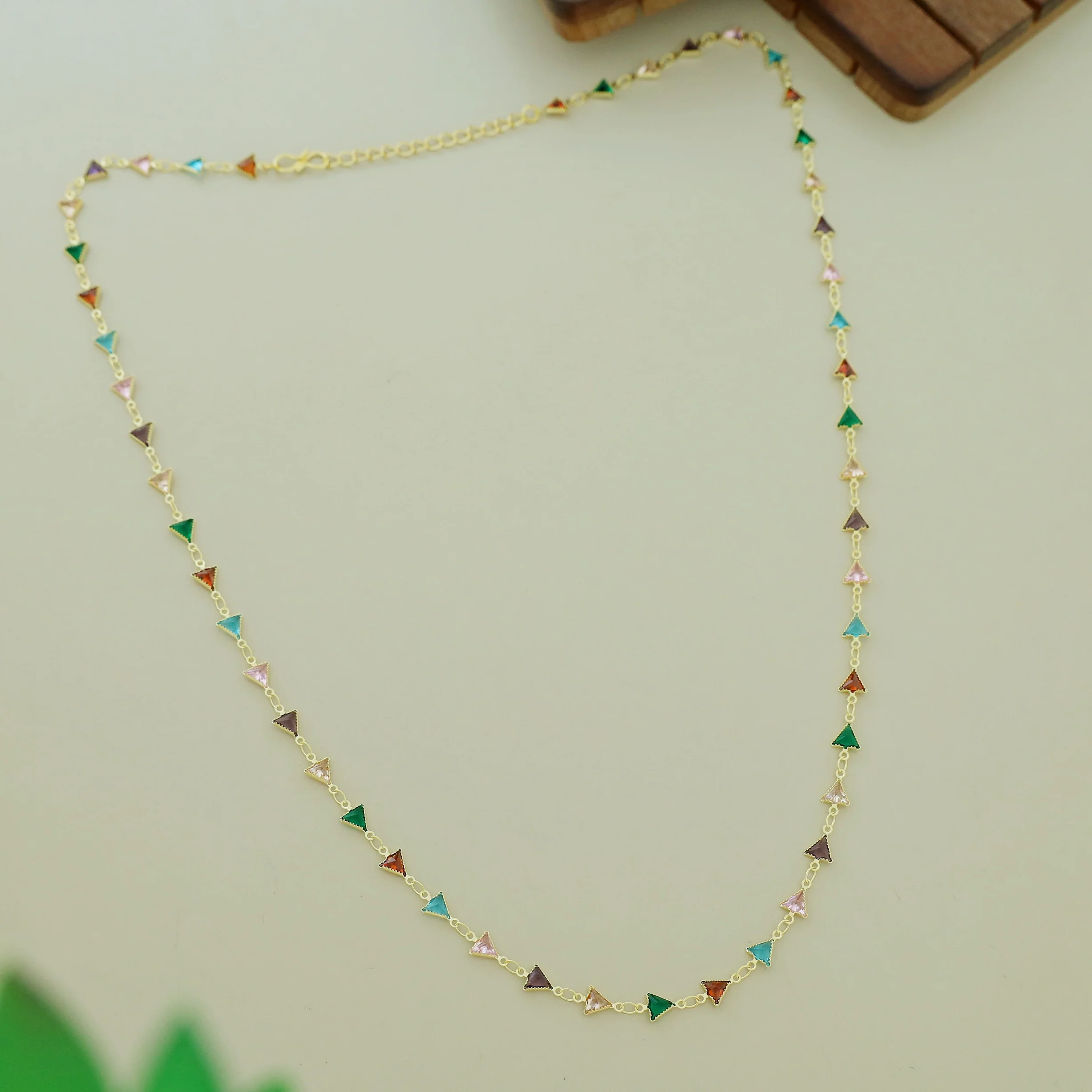 Golden Mini Triangle Glossy Stone Long Neckpiece - Image 2