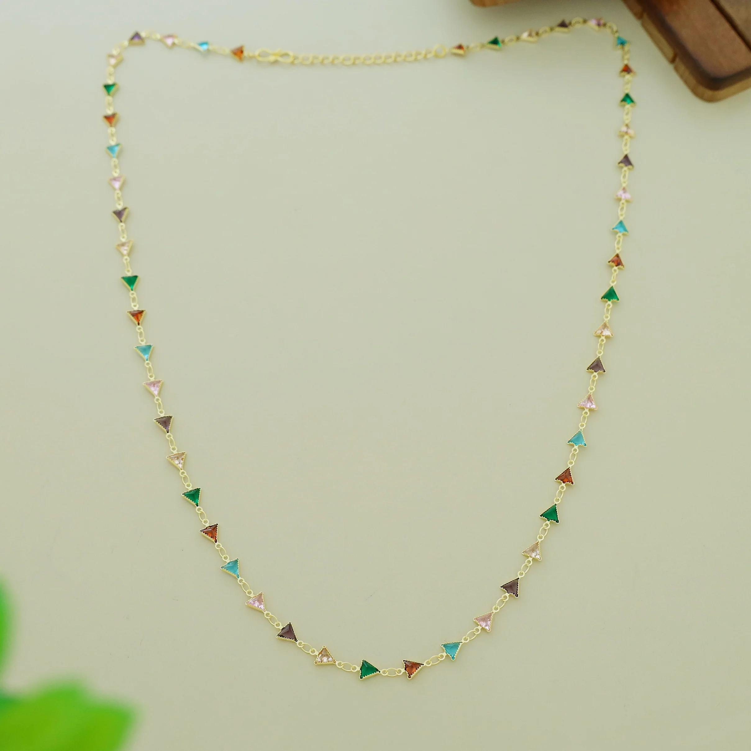 Golden Mini Triangle Glossy Stone Long Neckpiece - Image 3