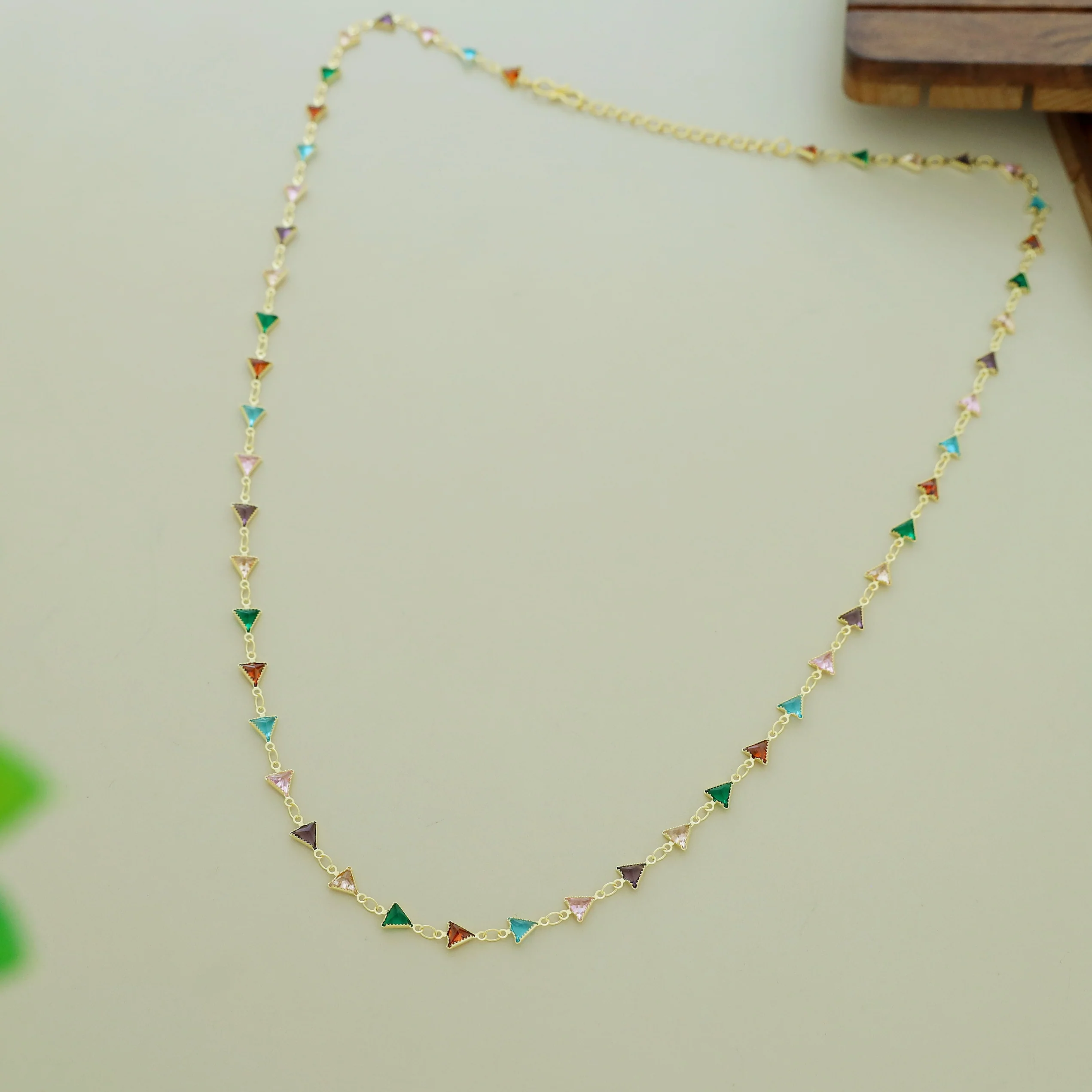 Golden Mini Triangle Glossy Stone Long Neckpiece - Image 4