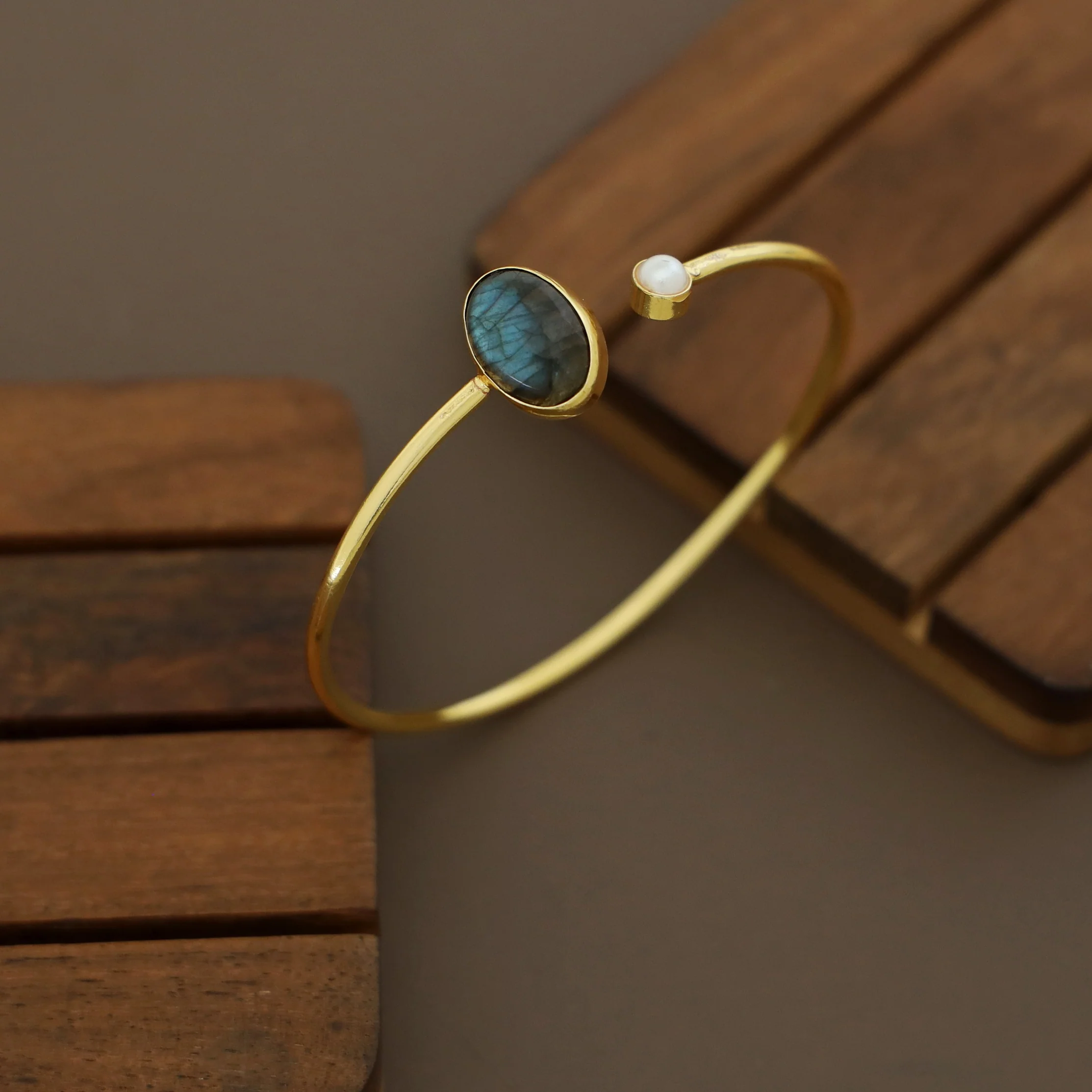 Golden Labradorite Stone Pearl Bangle - Image 2