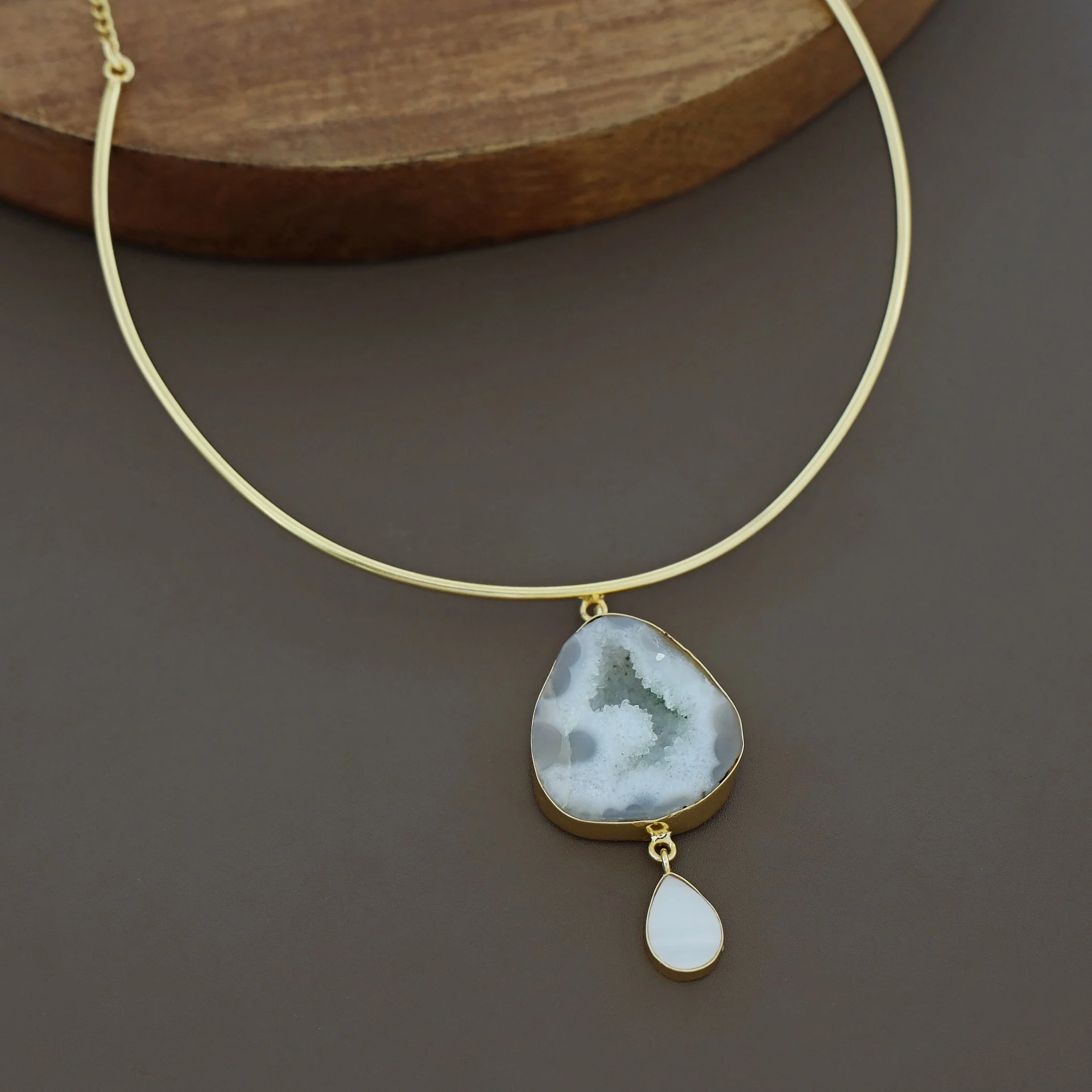 Golden Neck Cuff With Agate + Mop Pendant - Image 10