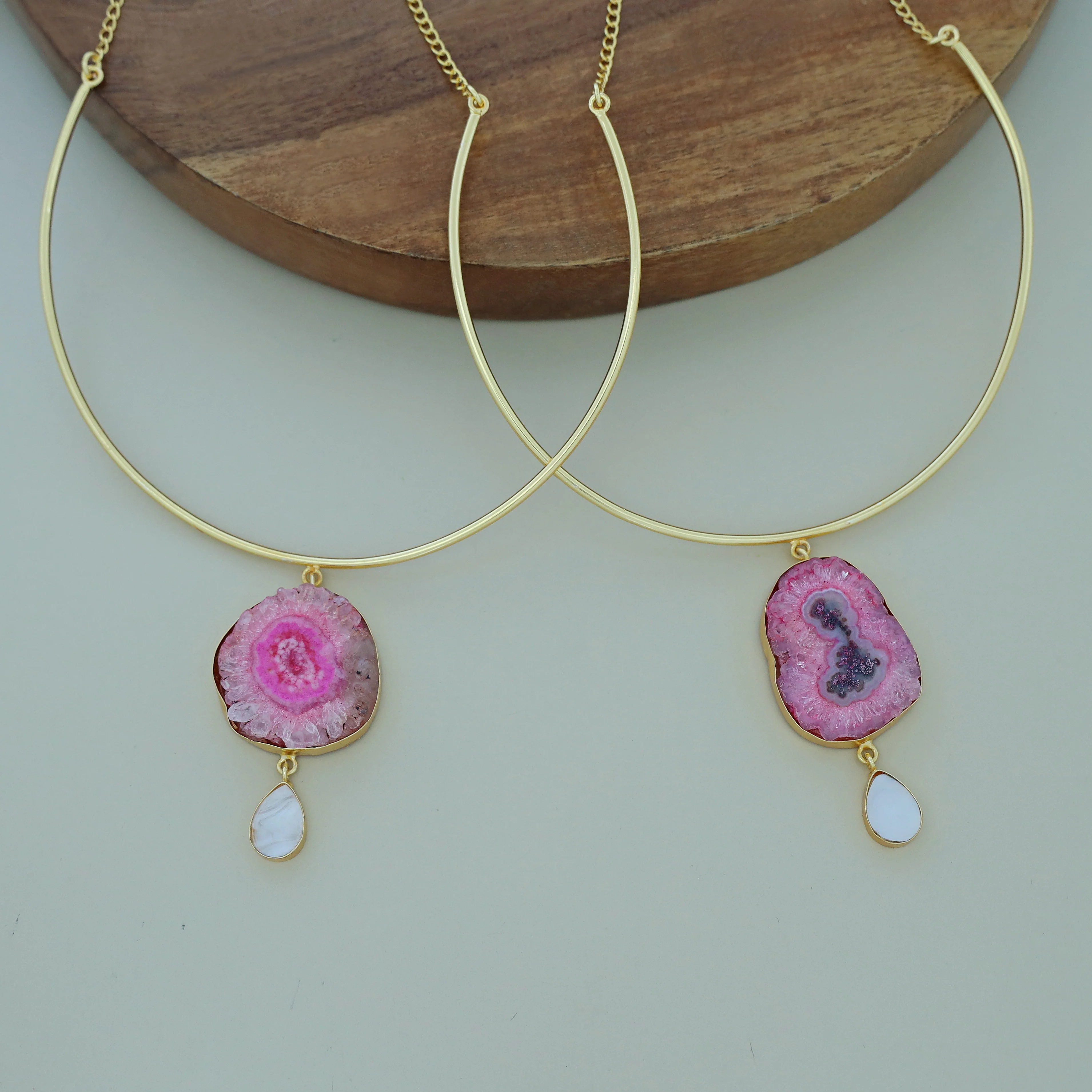 Golden Neck Cuff With Agate + Mop Pendant - Image 11