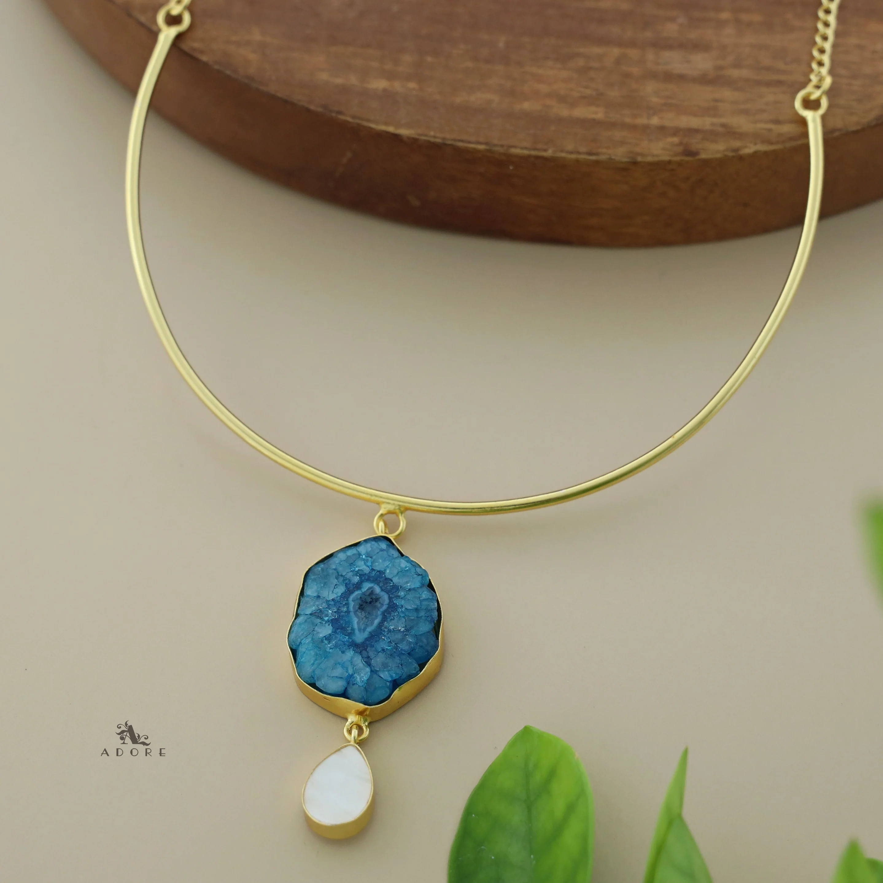 Golden Neck Cuff With Agate + Mop Pendant - Image 12