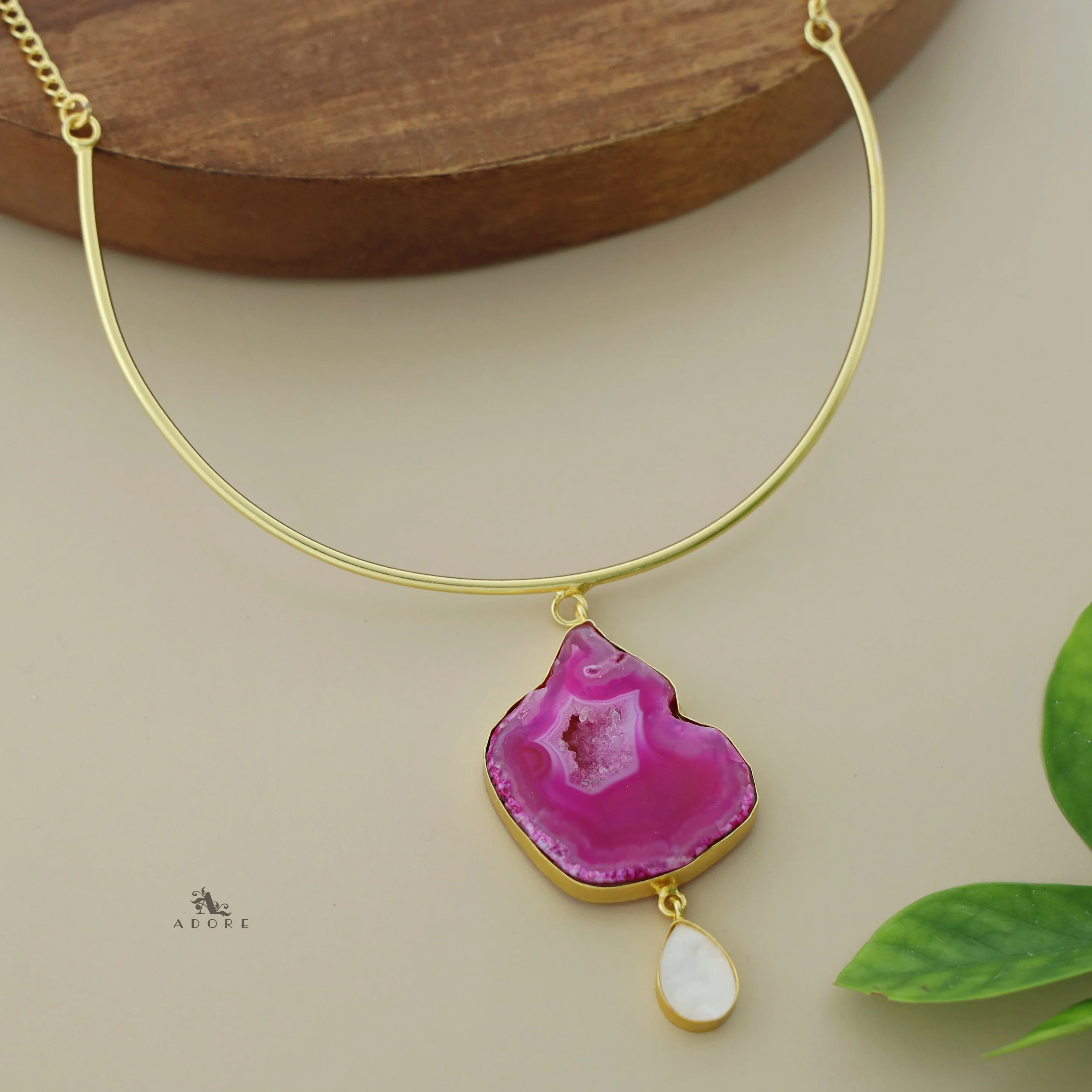 Golden Neck Cuff With Agate + Mop Pendant - Image 13