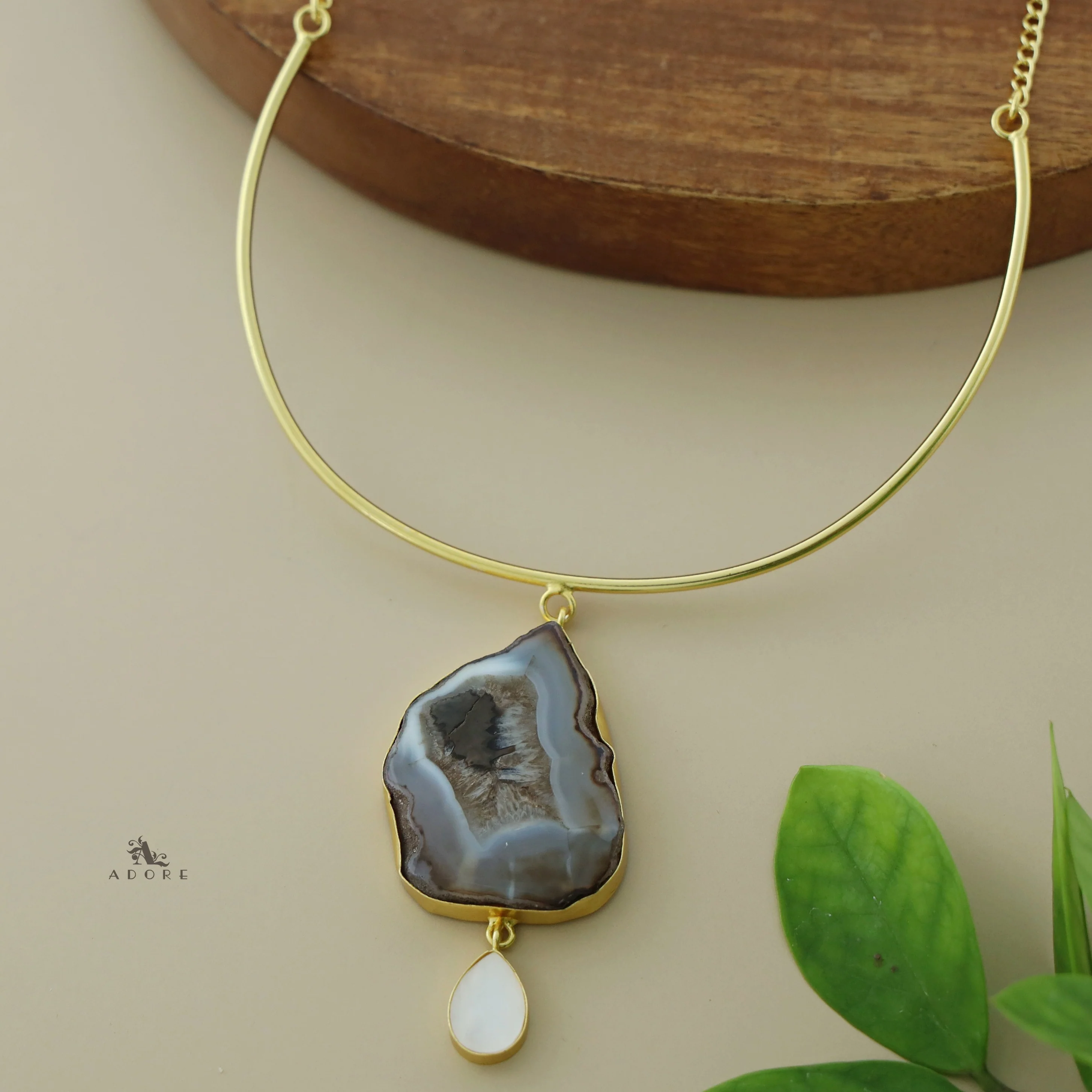 Golden Neck Cuff With Agate + Mop Pendant - Image 14