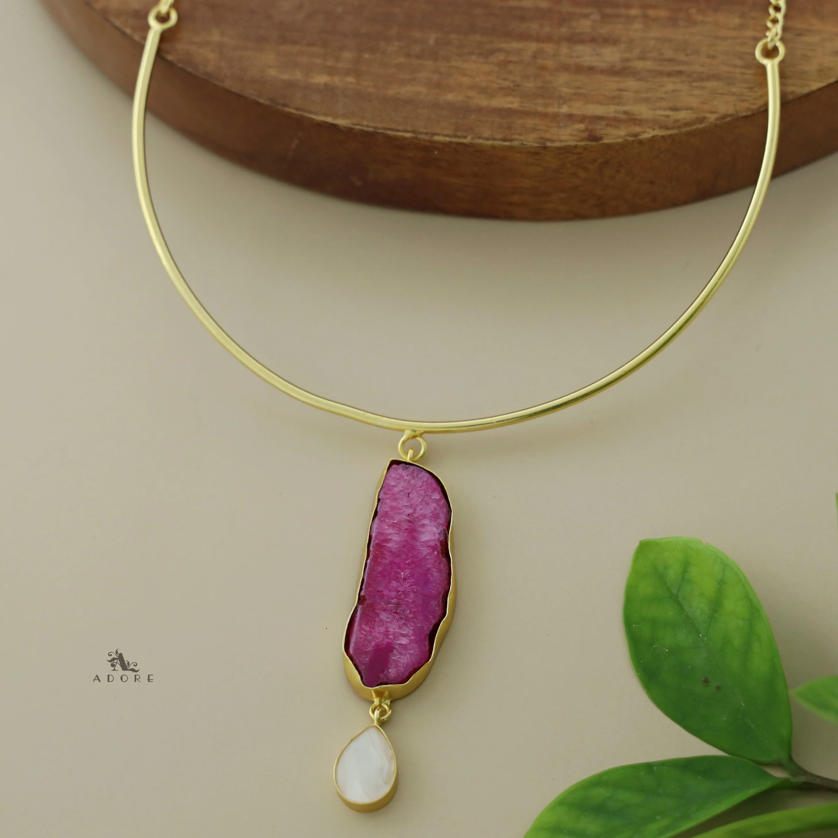 Golden Neck Cuff With Agate + Mop Pendant - Image 15