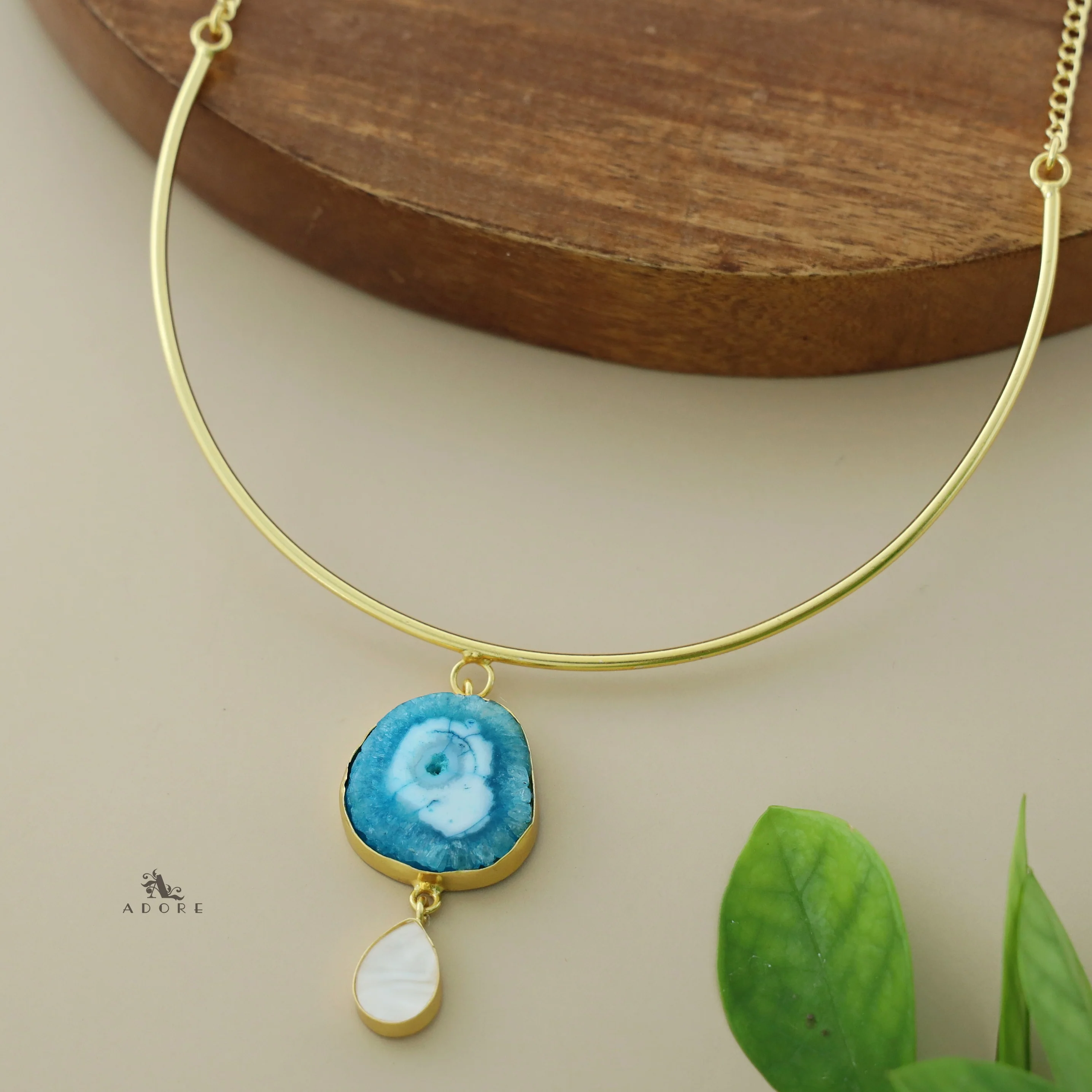Golden Neck Cuff With Agate + Mop Pendant - Image 16