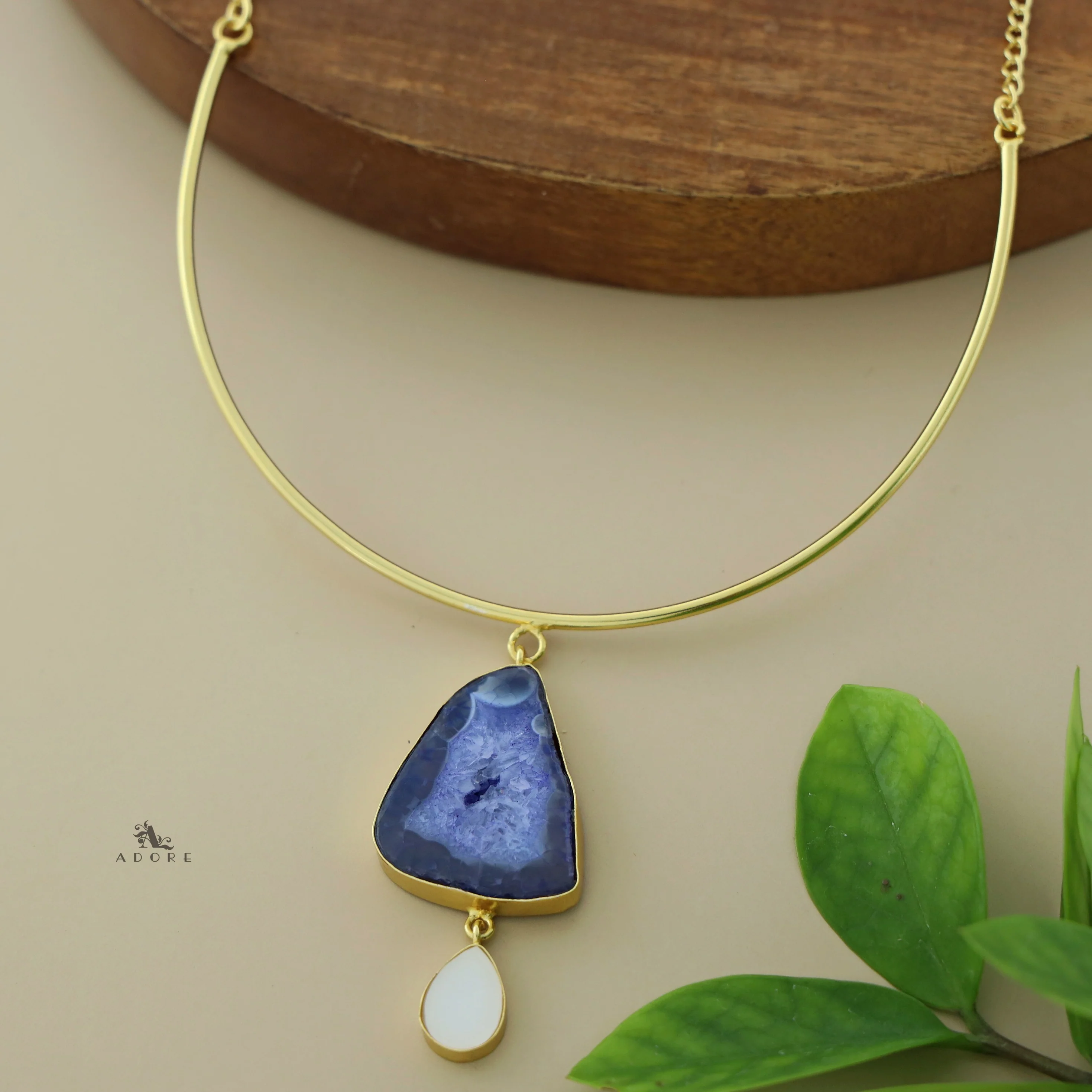 Golden Neck Cuff With Agate + Mop Pendant - Image 17