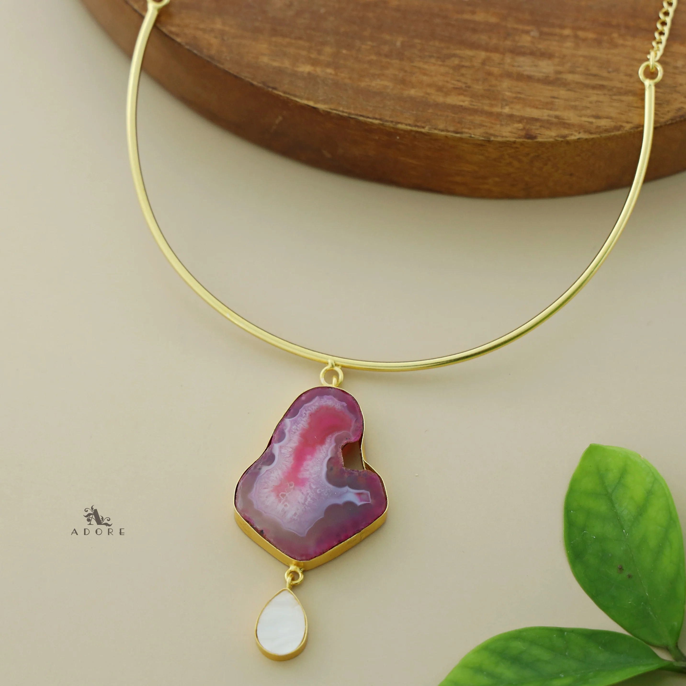 Golden Neck Cuff With Agate + Mop Pendant - Image 18