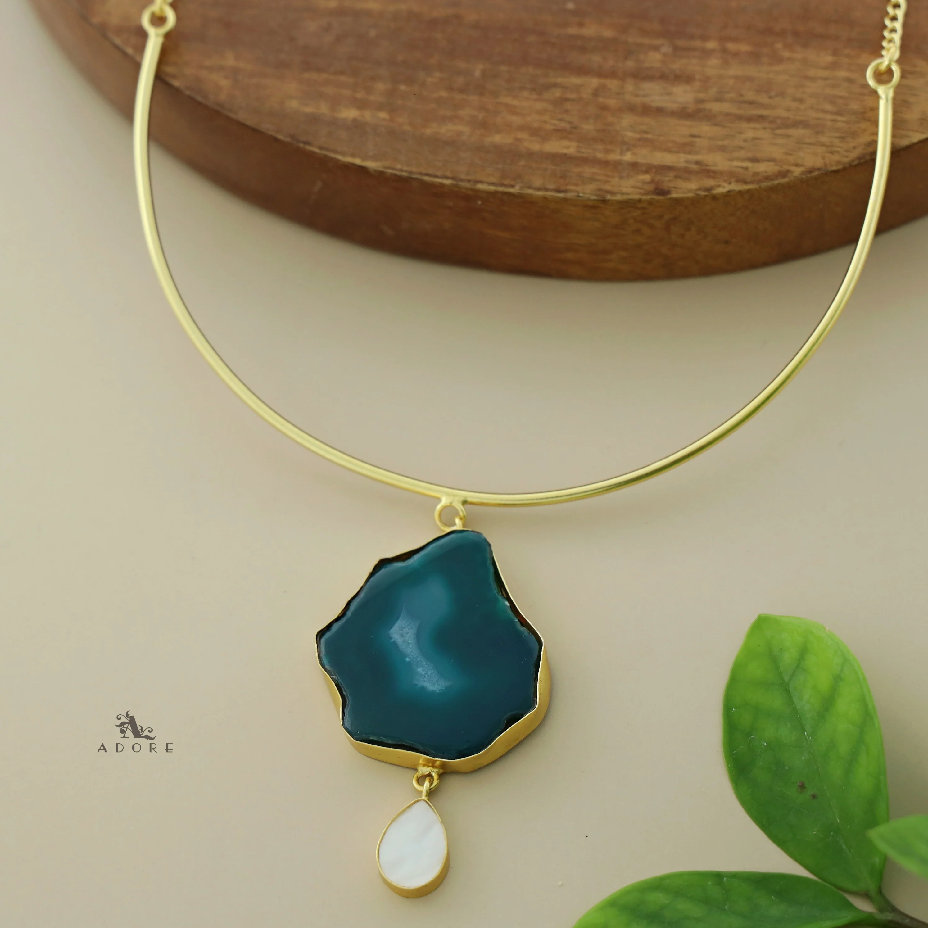 Golden Neck Cuff With Agate + Mop Pendant - Image 19