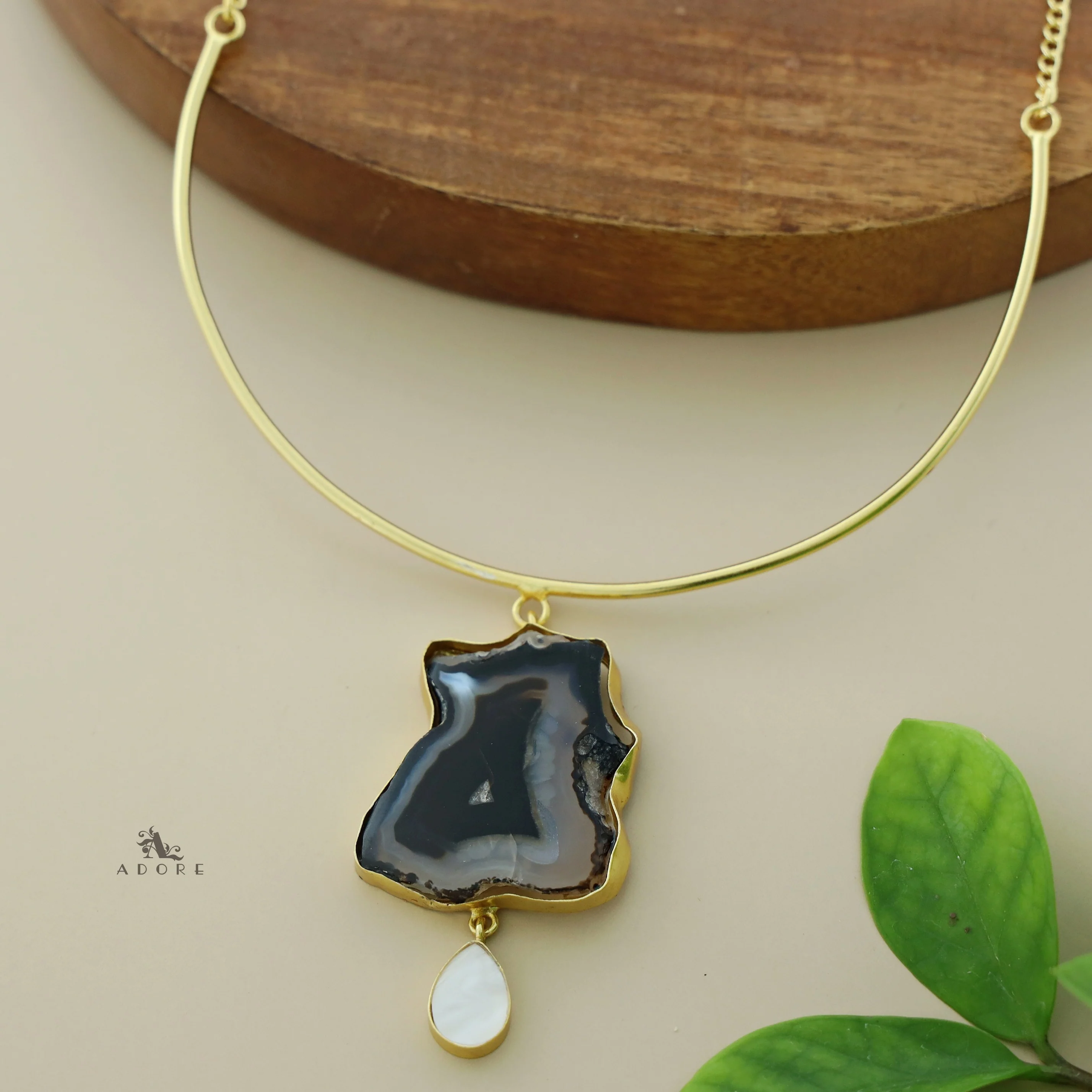 Golden Neck Cuff With Agate + Mop Pendant - Image 20
