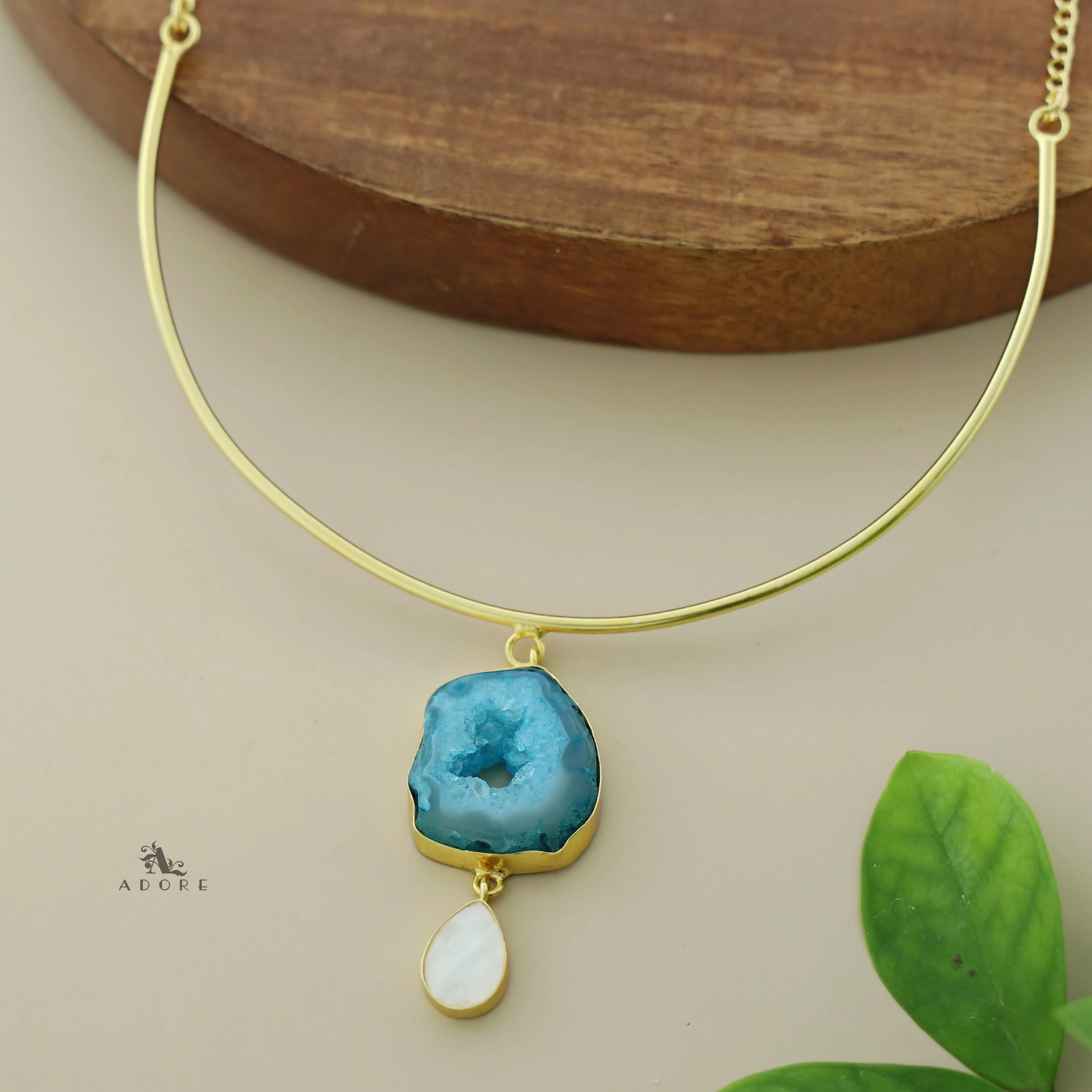 Golden Neck Cuff With Agate + Mop Pendant - Image 21