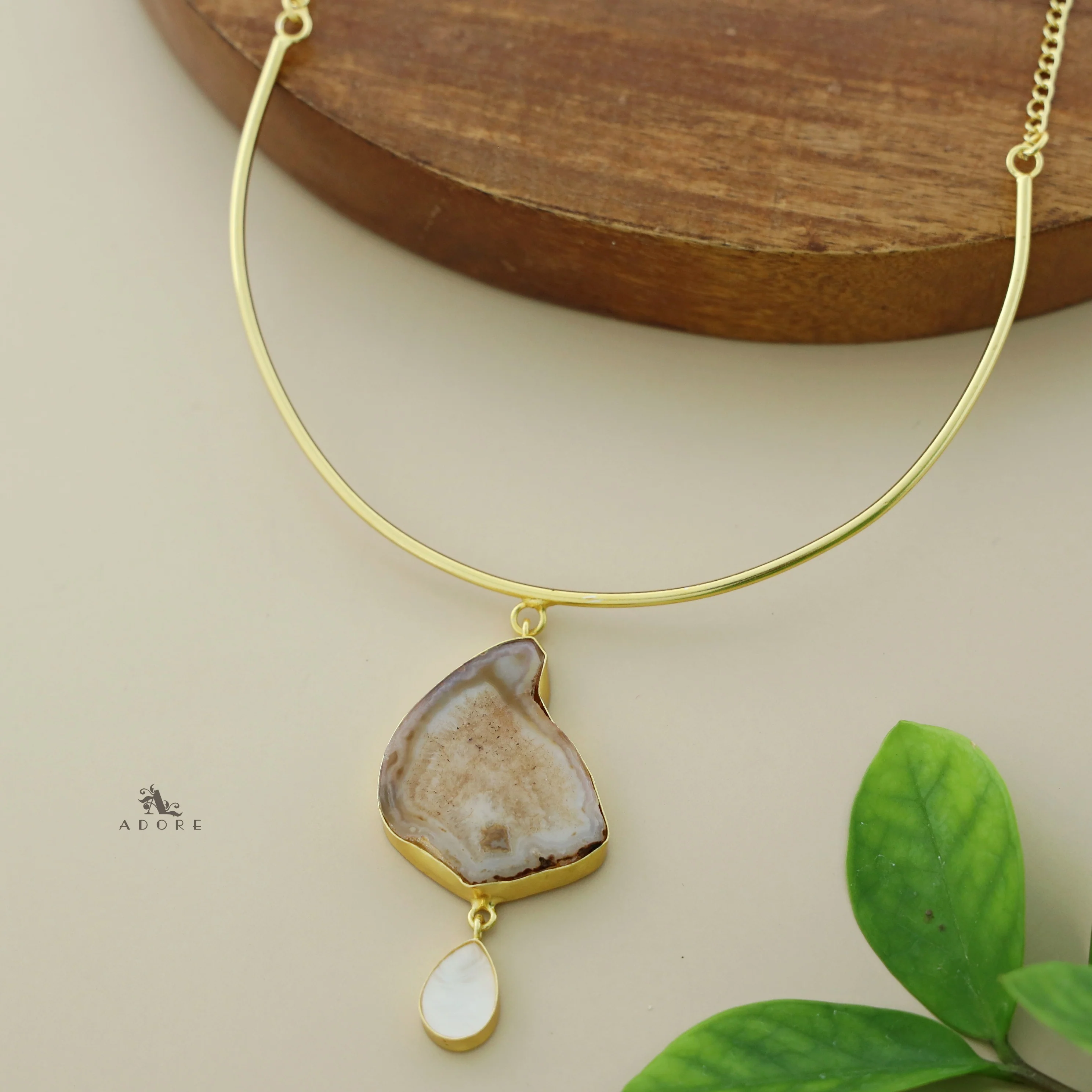 Golden Neck Cuff With Agate + Mop Pendant - Image 22