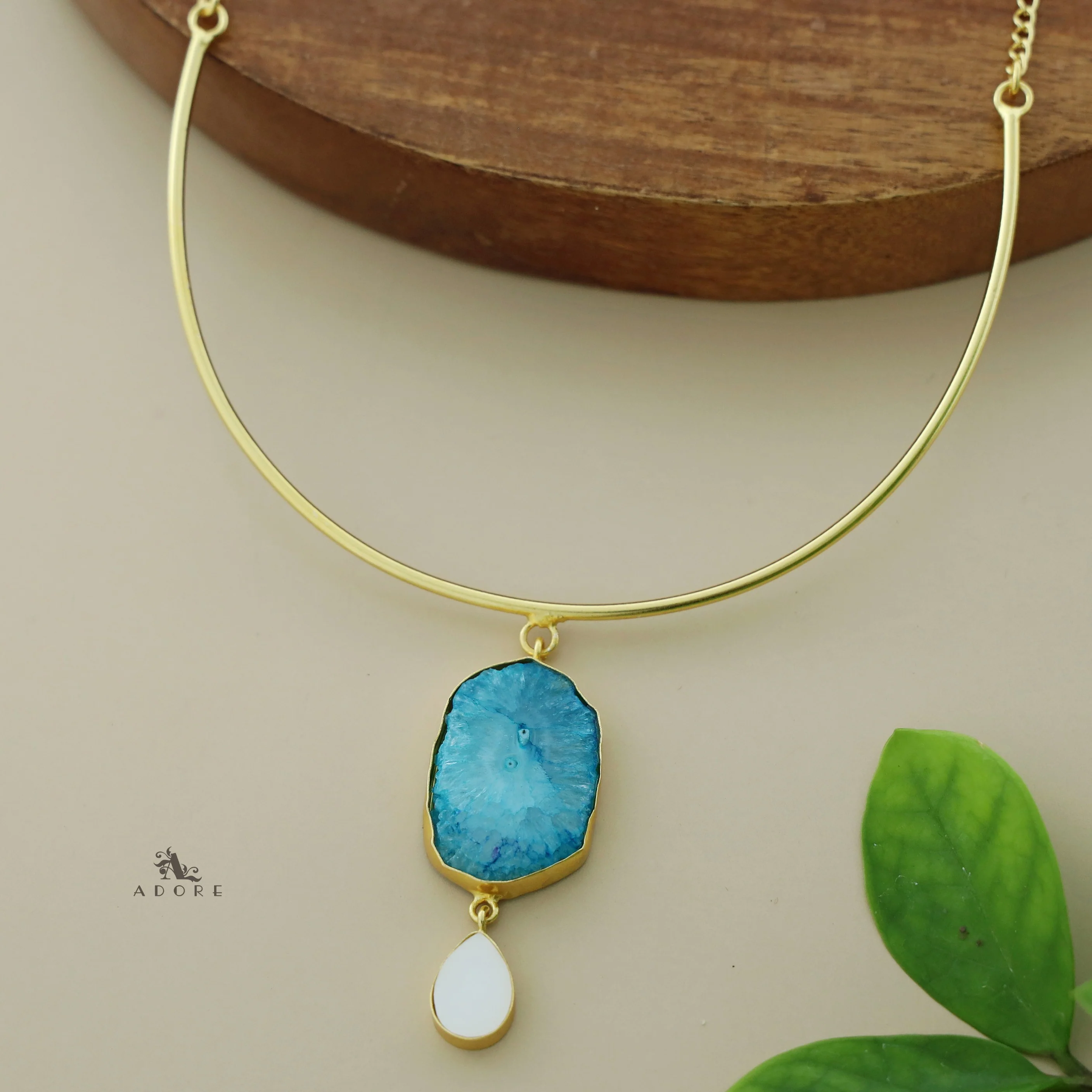 Golden Neck Cuff With Agate + Mop Pendant - Image 23
