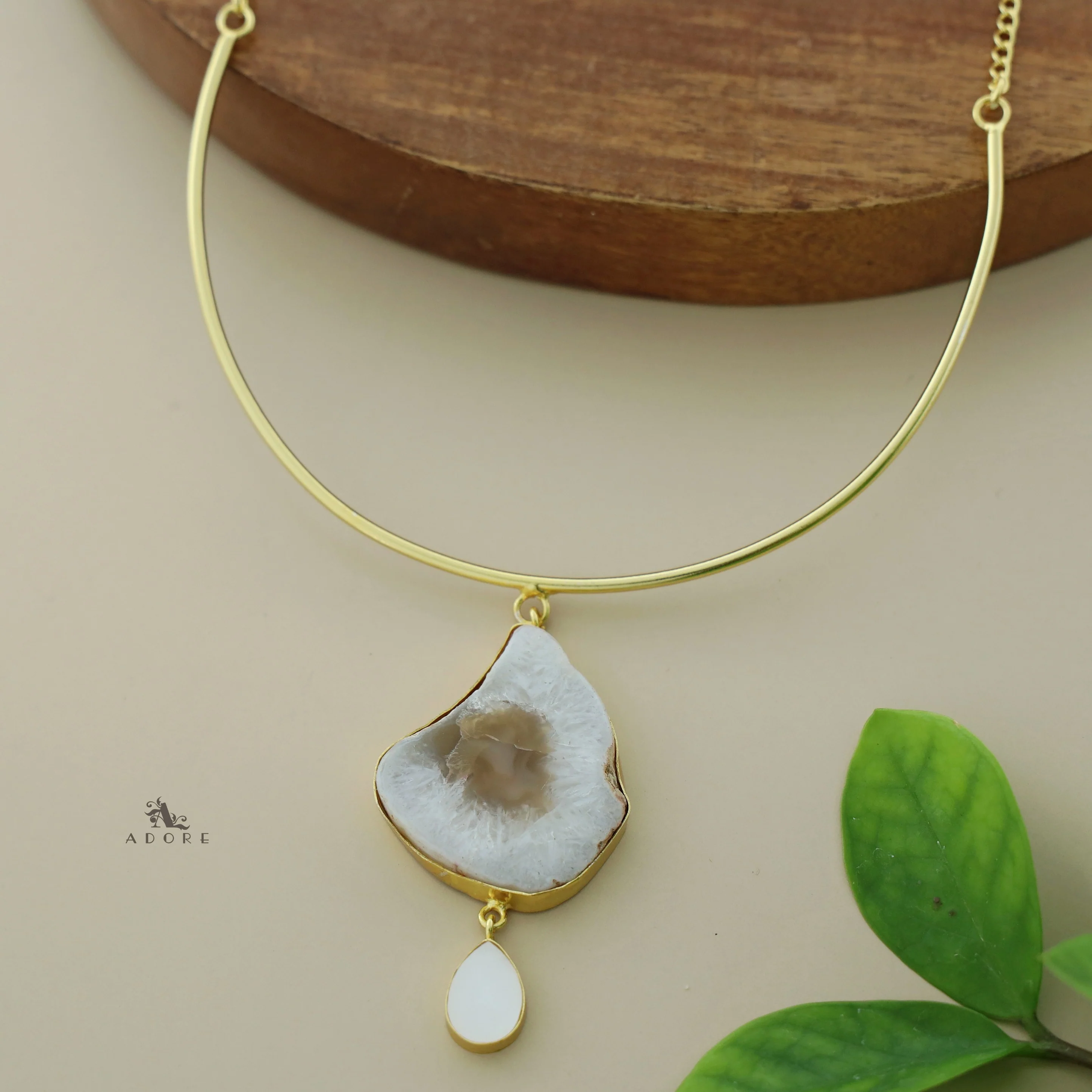 Golden Neck Cuff With Agate + Mop Pendant - Image 24