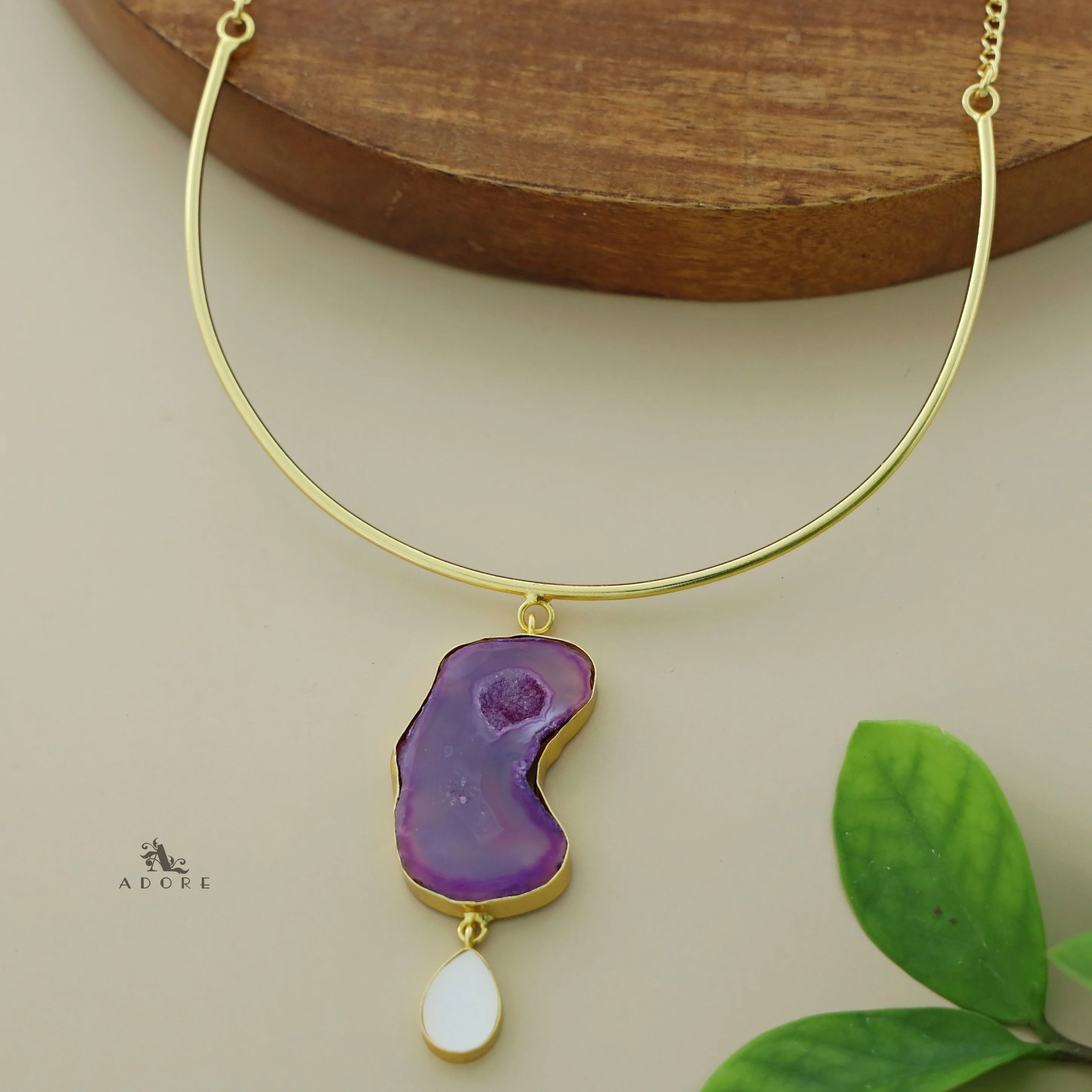 Golden Neck Cuff With Agate + Mop Pendant - Image 25