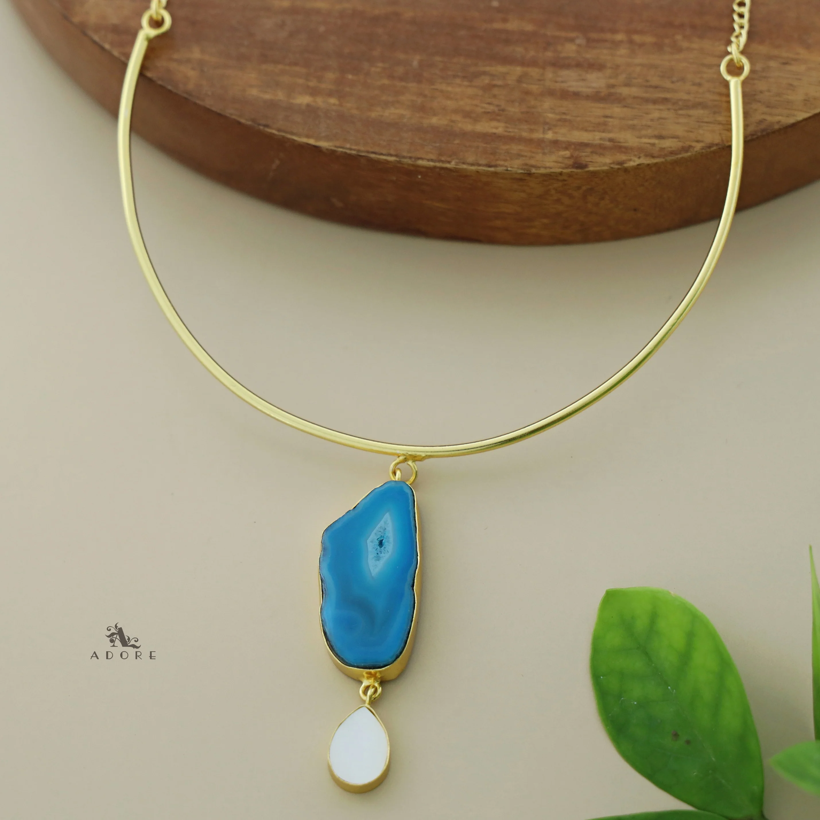 Golden Neck Cuff With Agate + Mop Pendant - Image 26
