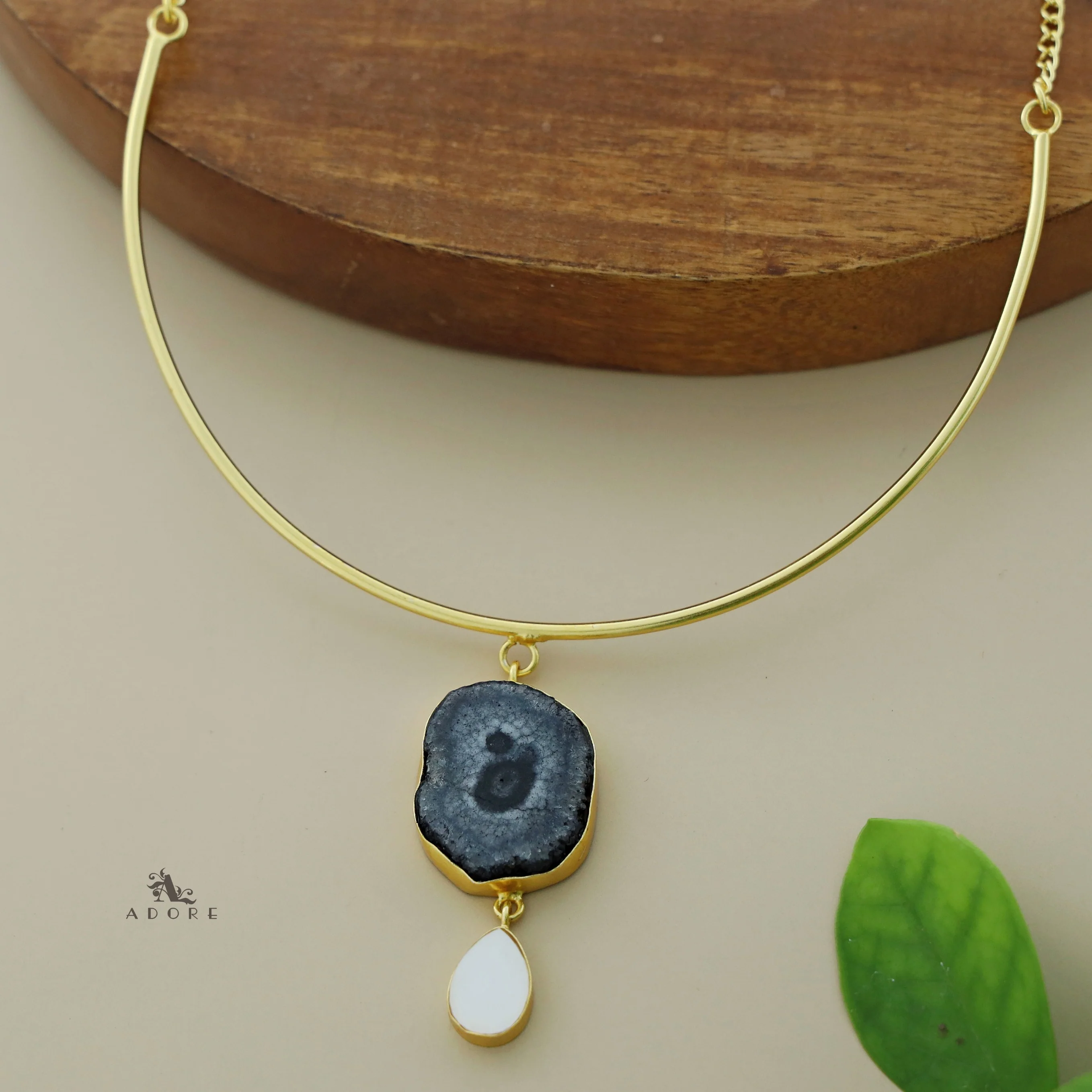 Golden Neck Cuff With Agate + Mop Pendant - Image 27