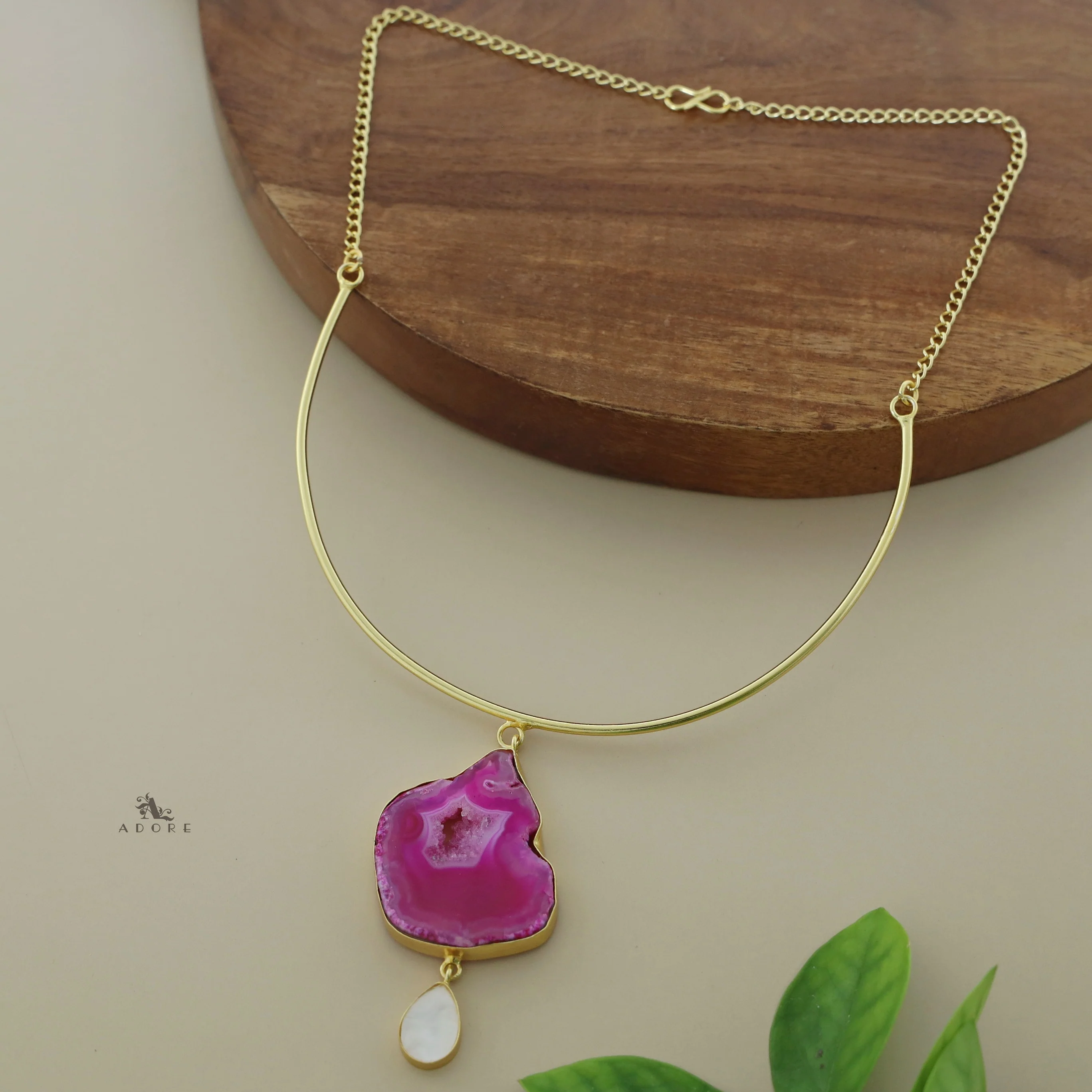 Golden Neck Cuff With Agate + Mop Pendant - Image 28